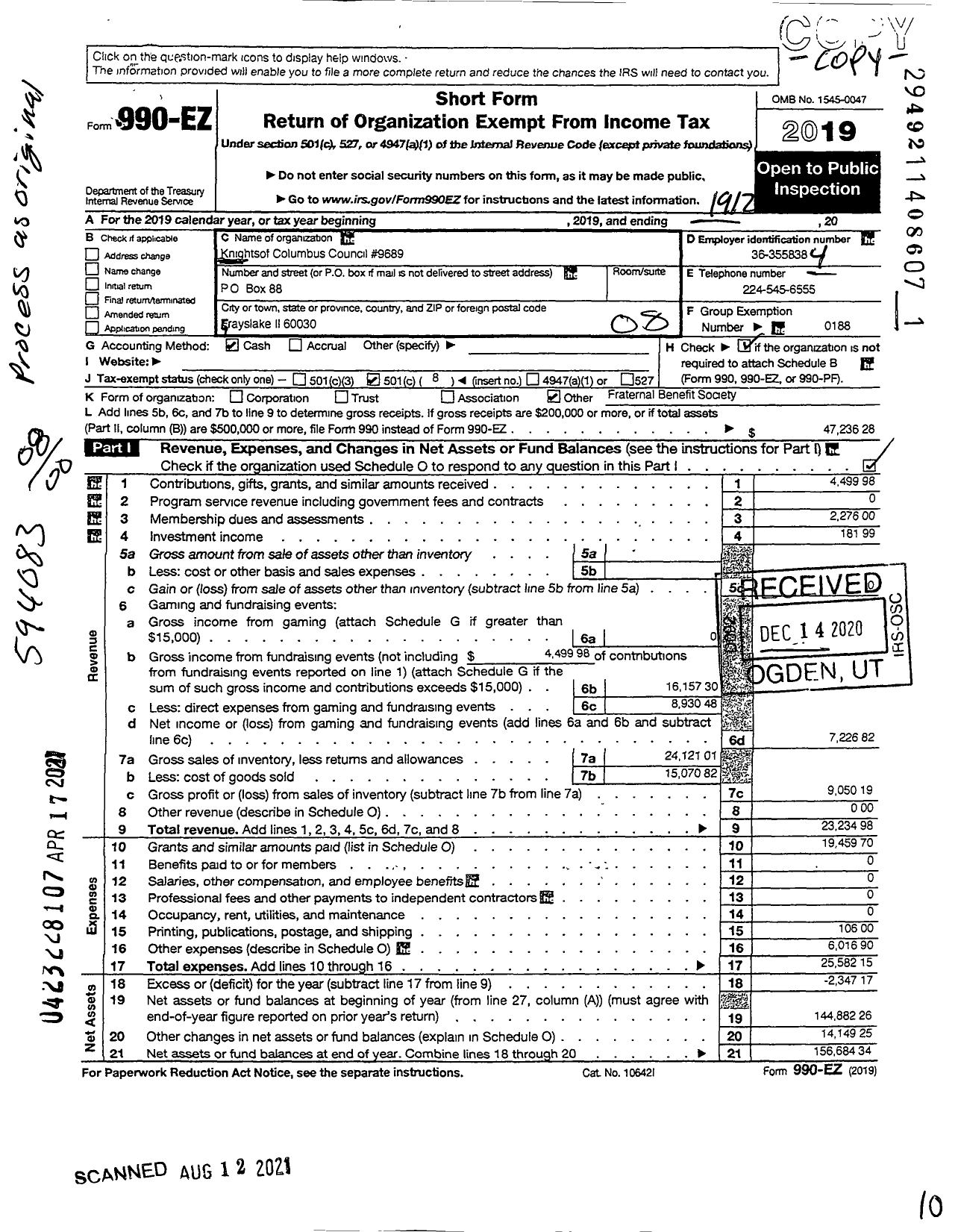 Image of first page of 2019 Form 990EO for Knights of Columbus - 9689 Precious Blood Council