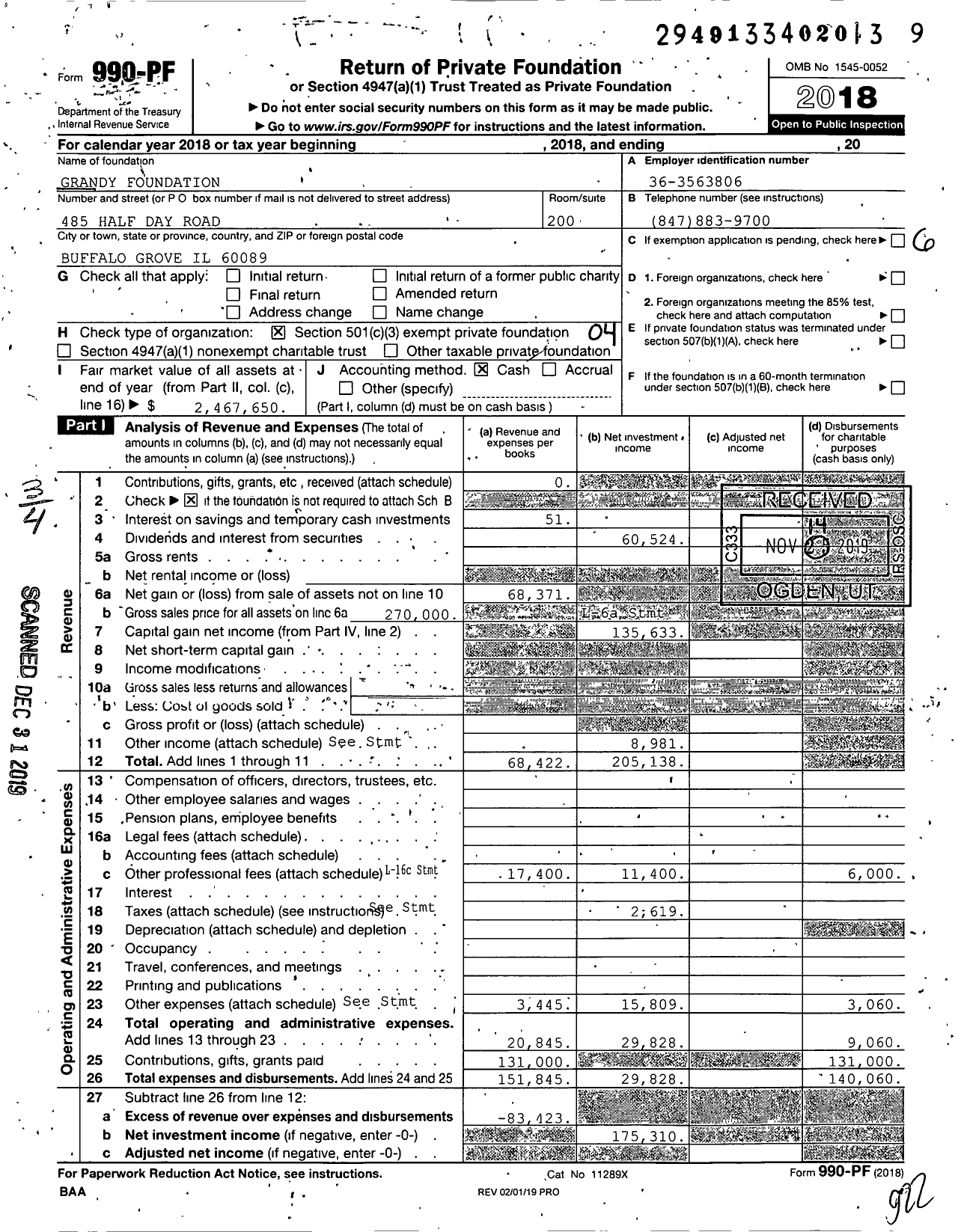 Image of first page of 2018 Form 990PF for Grandy Foundation