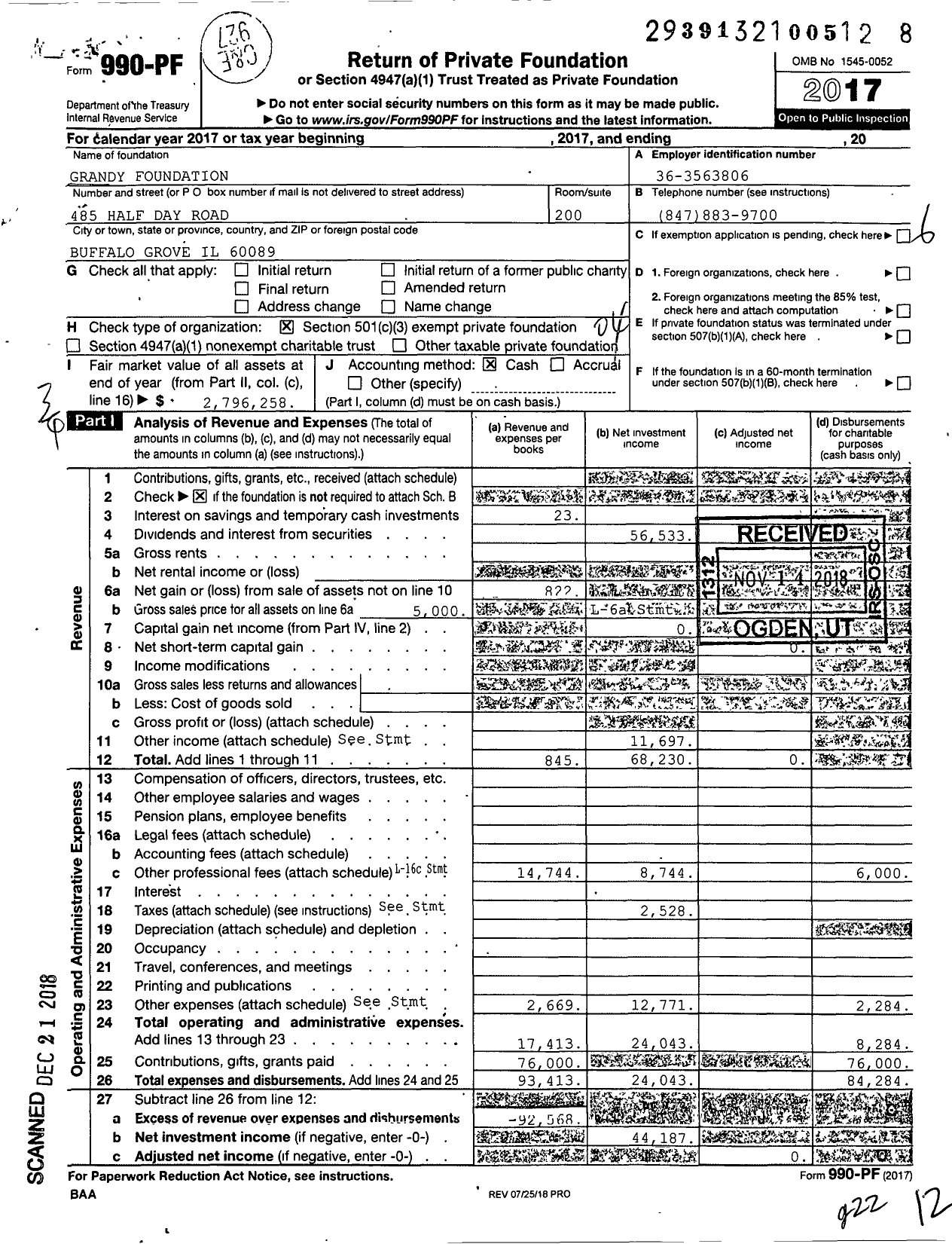 Image of first page of 2017 Form 990PF for Grandy Foundation