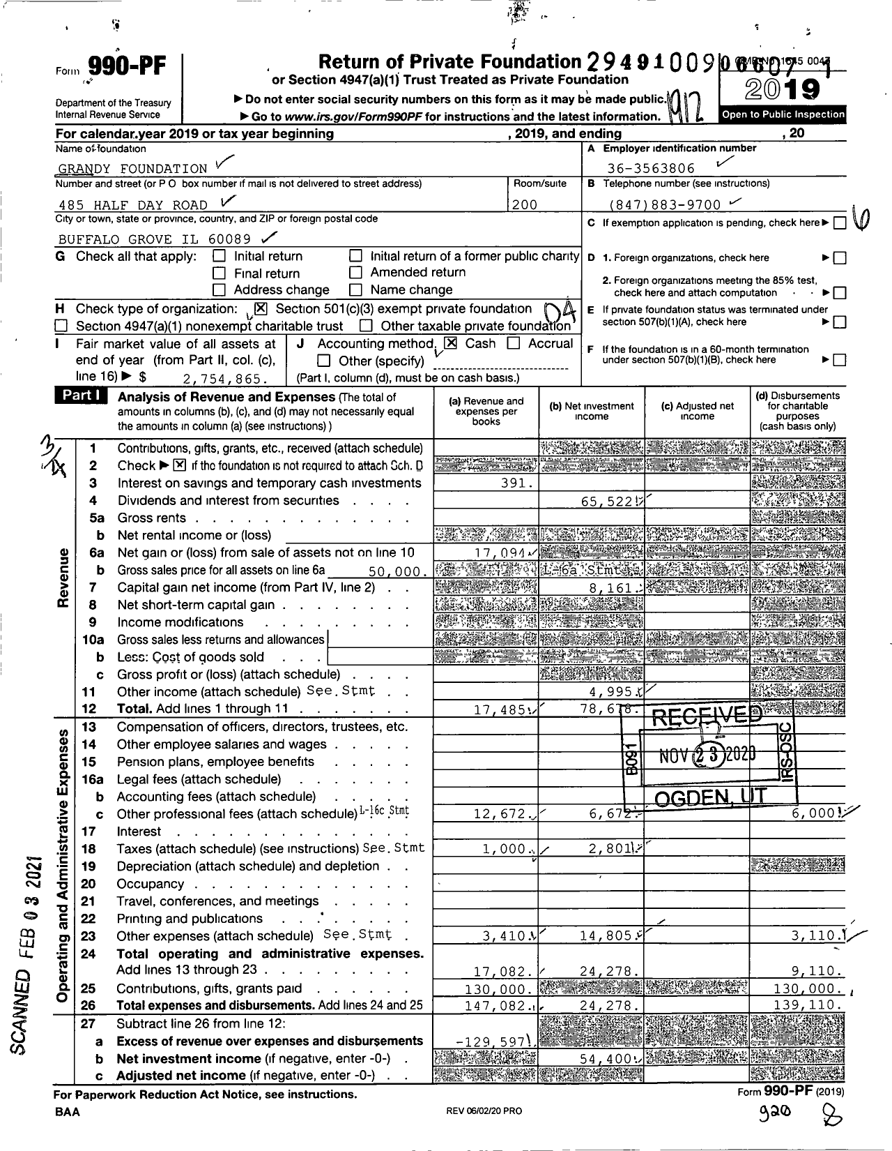 Image of first page of 2019 Form 990PF for Grandy Foundation