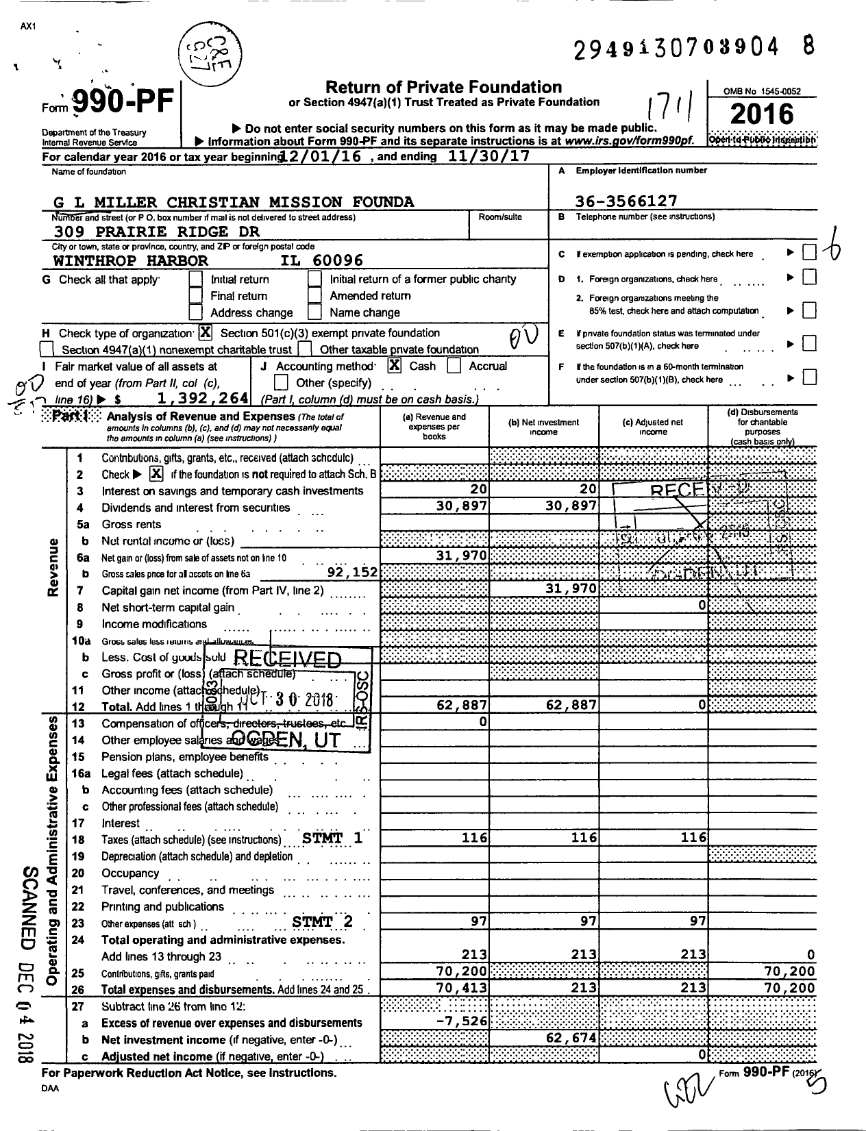 Image of first page of 2016 Form 990PF for G L Miller Christian Mission FNDT