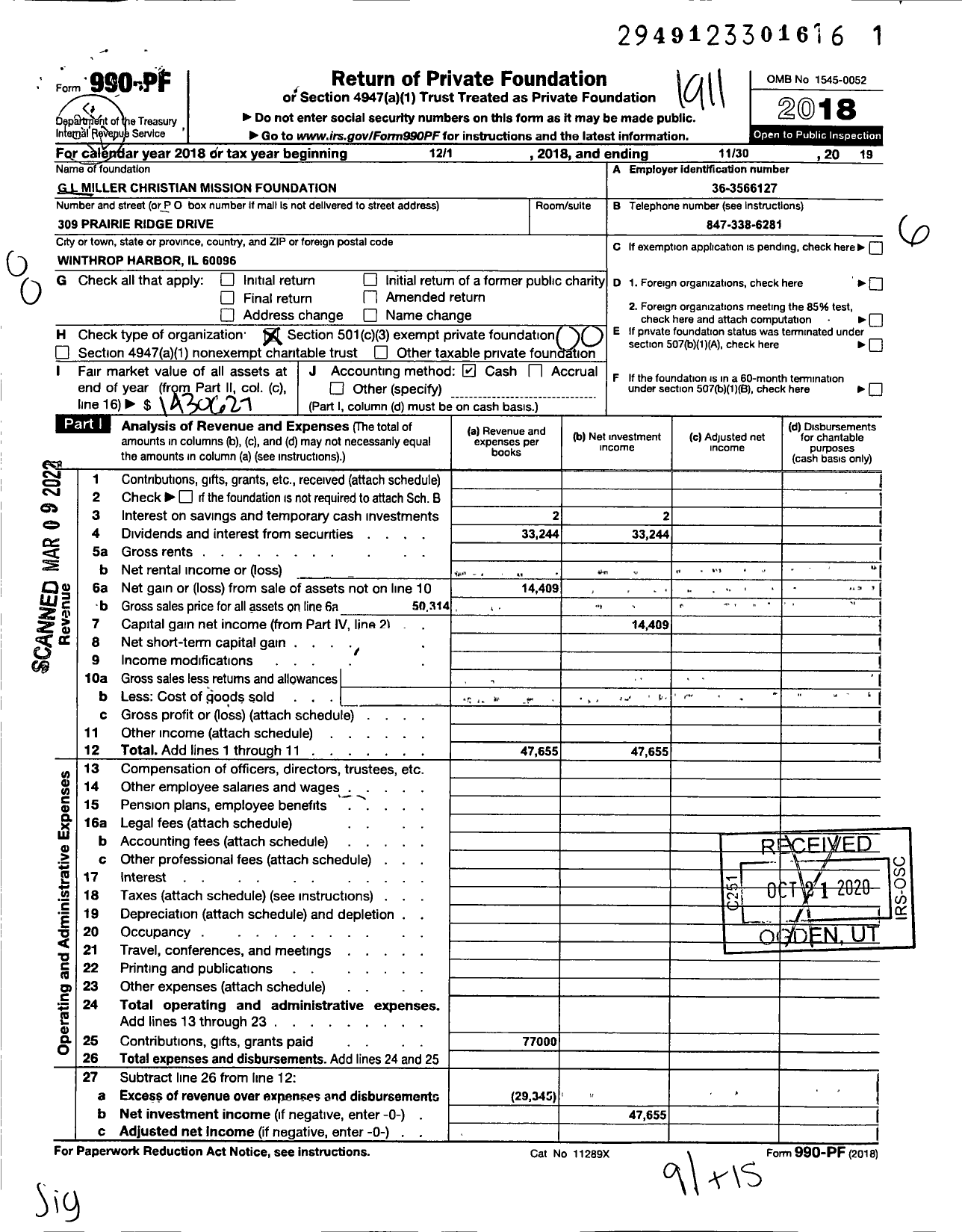 Image of first page of 2018 Form 990PF for G L Miller Christian Mission FNDT