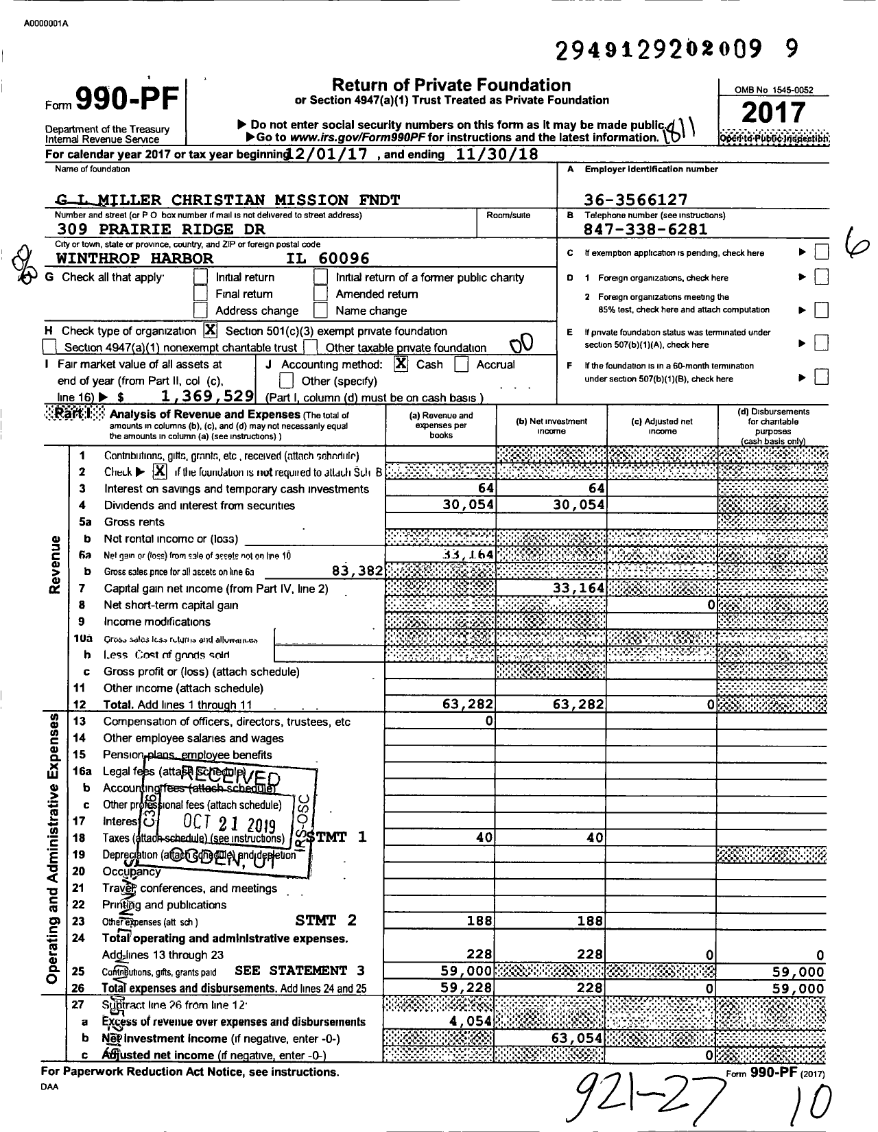 Image of first page of 2017 Form 990PF for G L Miller Christian Mission FNDT