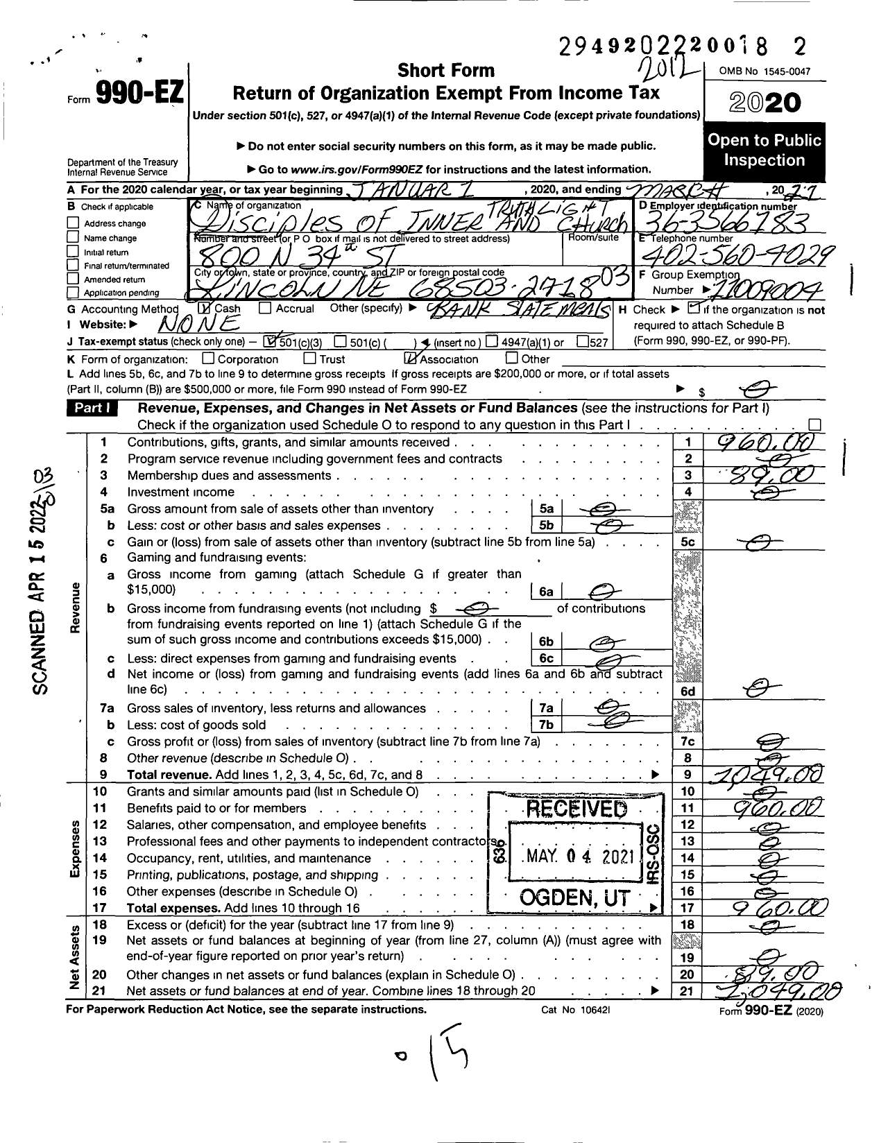 Image of first page of 2020 Form 990EZ for Disciples of Inner Truth and Light