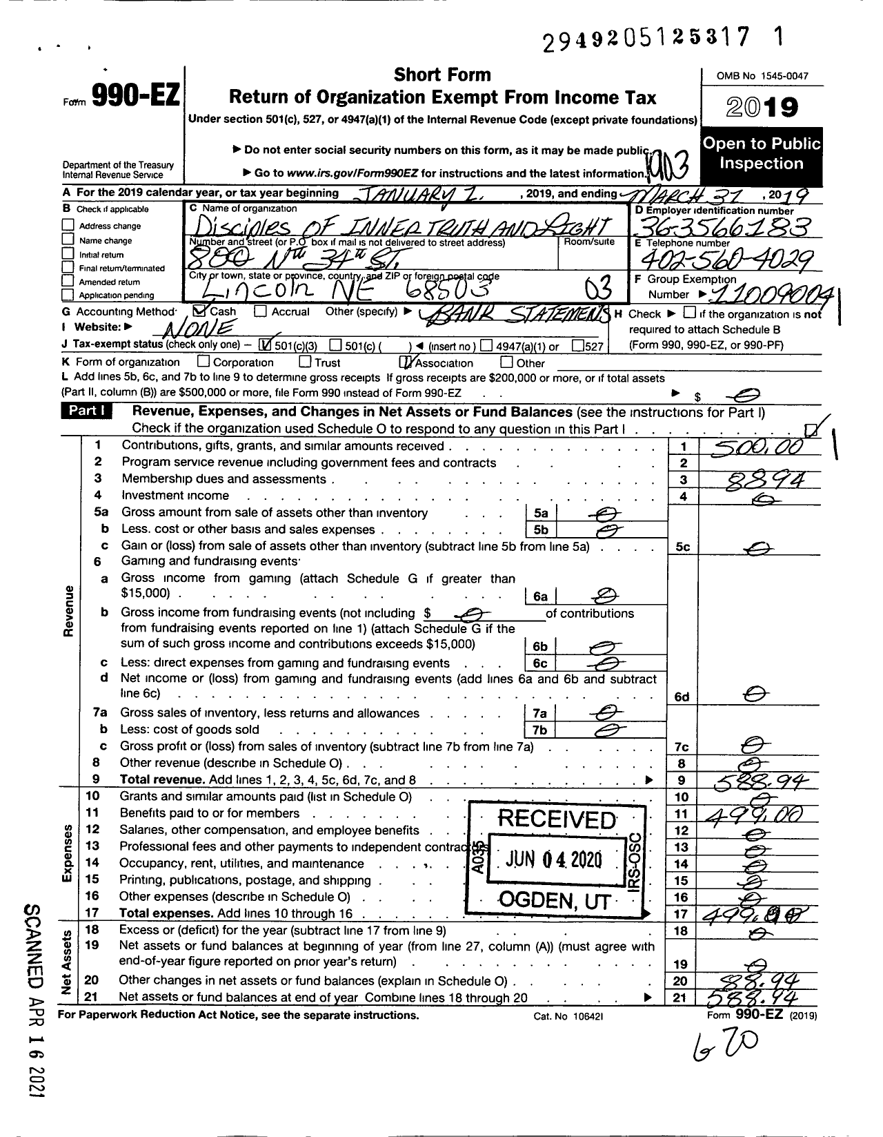 Image of first page of 2018 Form 990EZ for Disciples of Inner Truth and Light