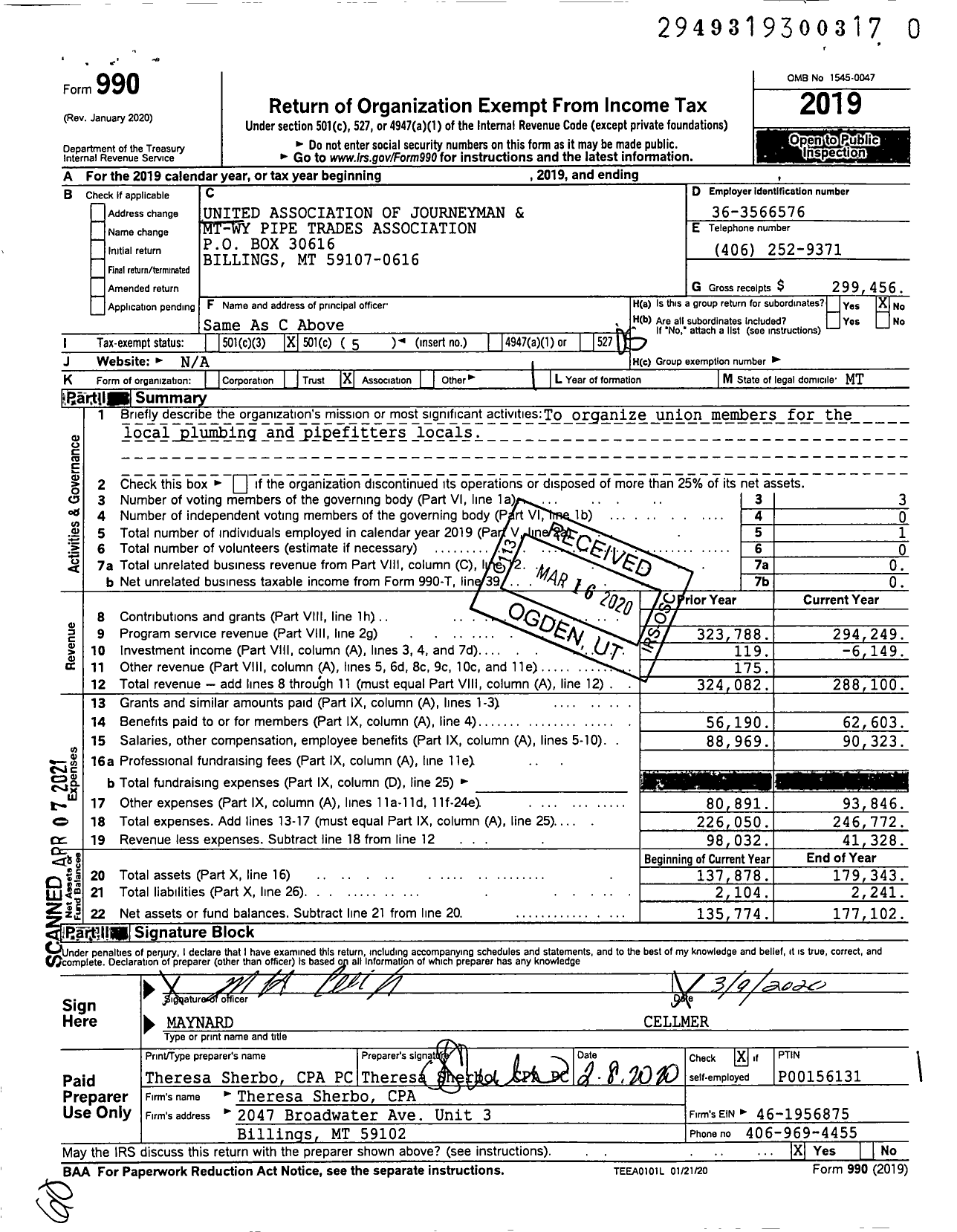 Image of first page of 2019 Form 990O for United Association - Montana-Wyoming Pipe Trades Assoc