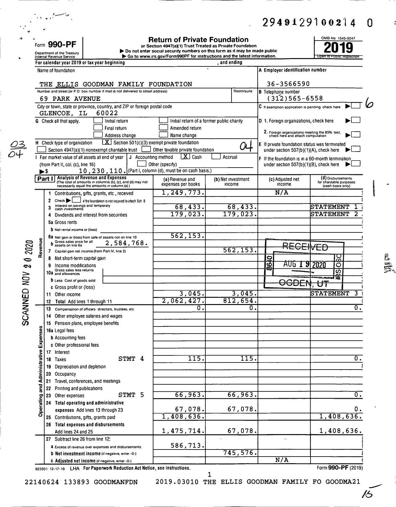 Image of first page of 2019 Form 990PF for The Ellis Goodman Family Foundation