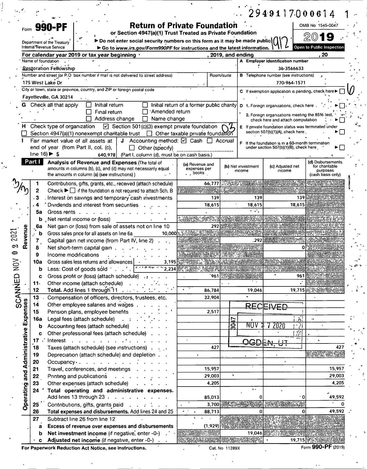 Image of first page of 2019 Form 990PF for Restoration Fellowship