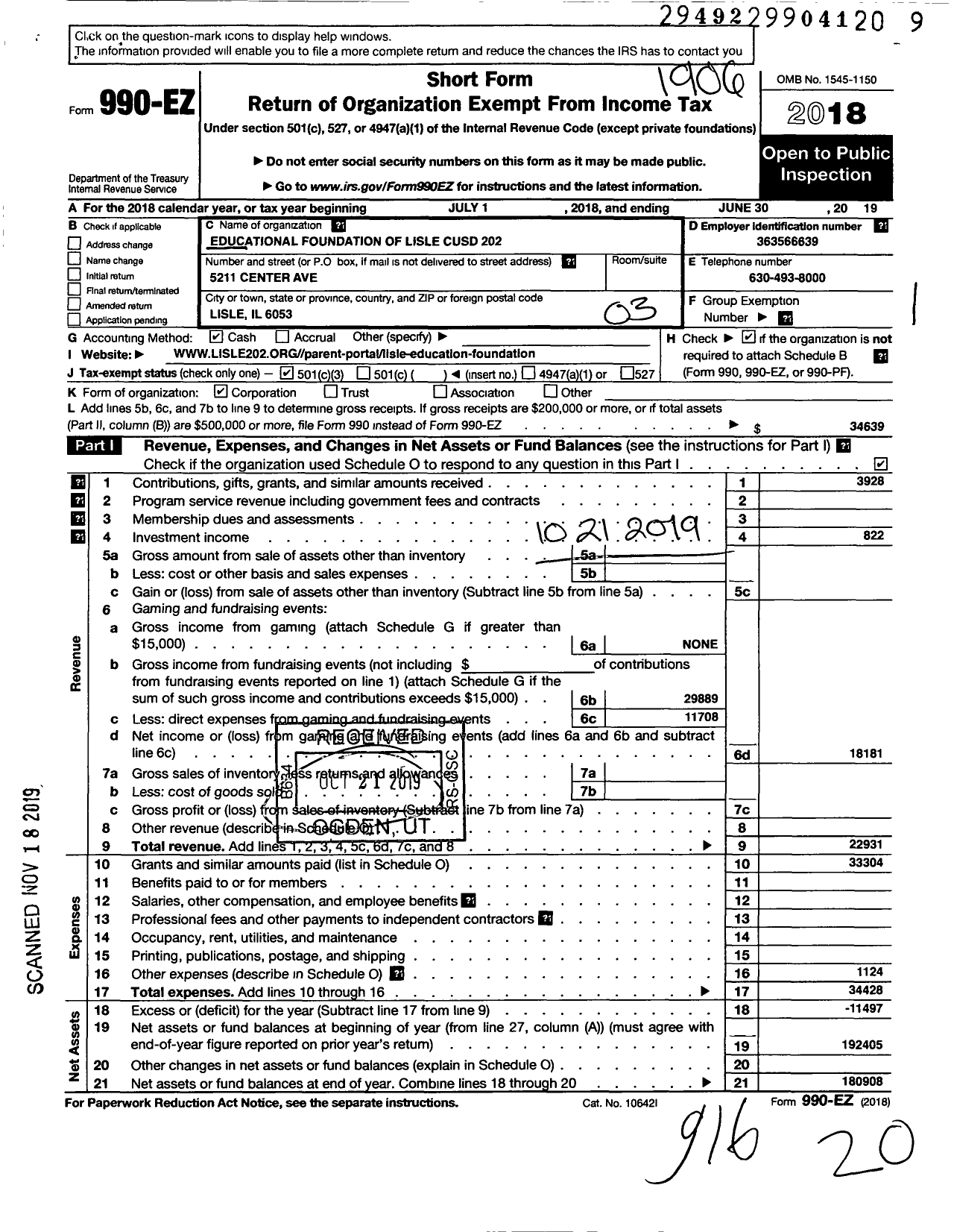 Image of first page of 2018 Form 990EZ for Educational Foundation of Lisle Community School District 202