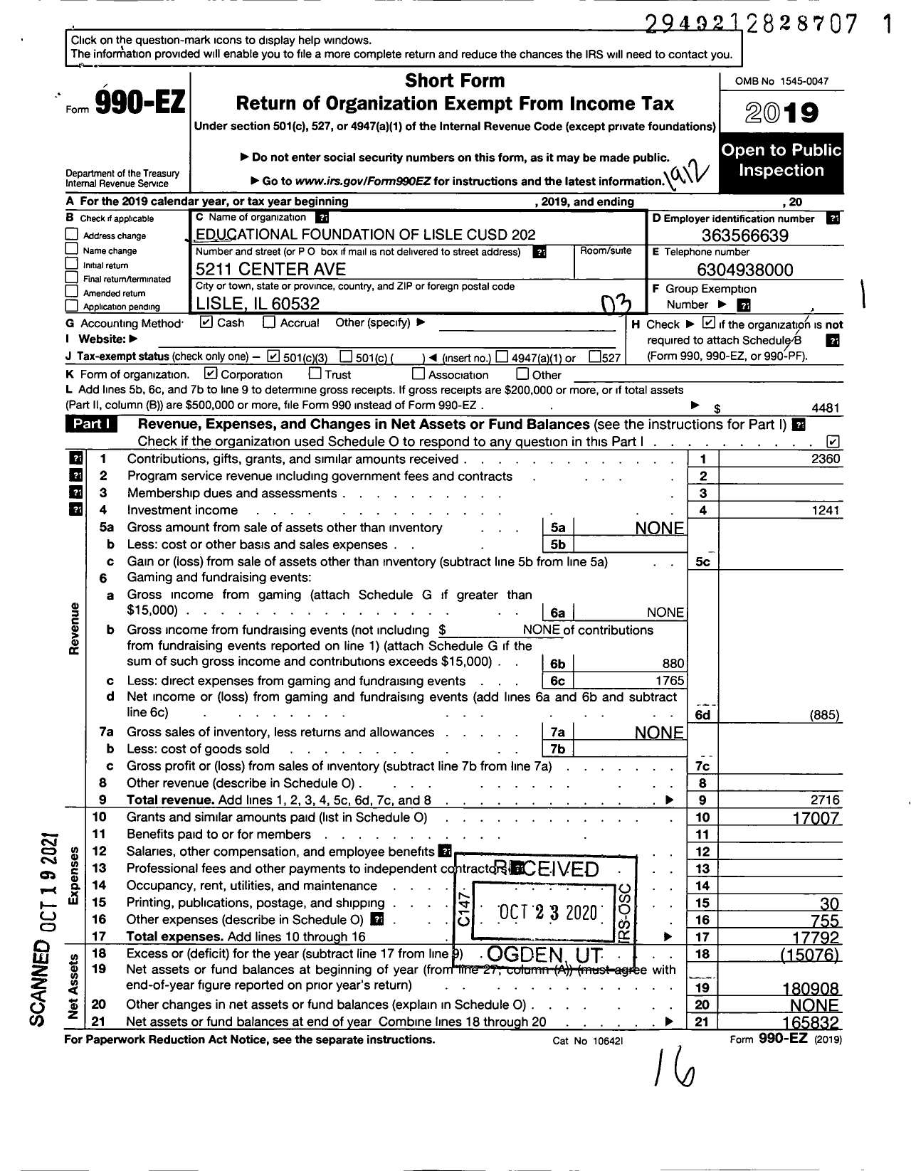 Image of first page of 2019 Form 990EZ for Educational Foundation of Lisle Community School District 202