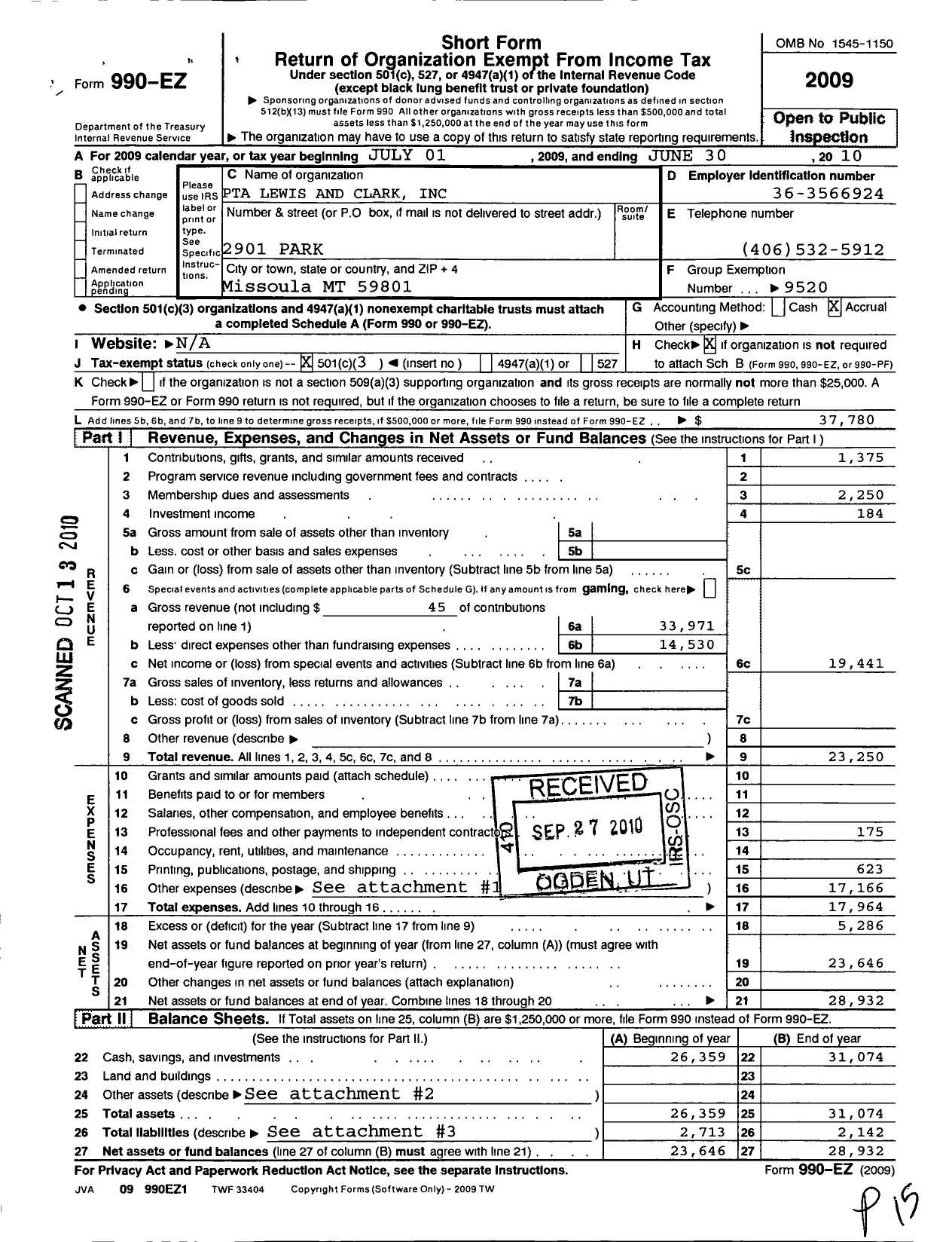 Image of first page of 2009 Form 990EZ for Montana Congress of Parents Teachers Students - 5582 Lewis and Clark