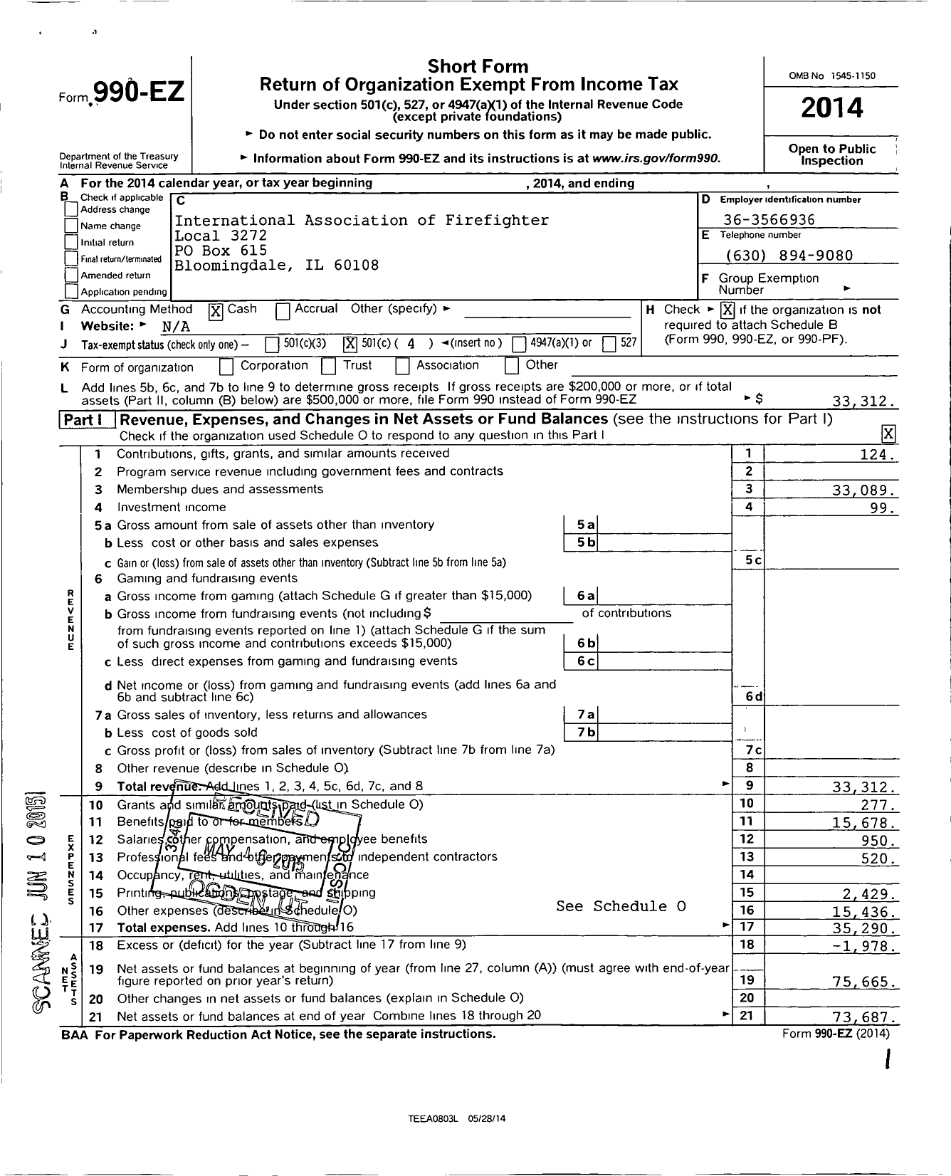 Image of first page of 2014 Form 990EO for International Association of Fire Fighters - L3272 Bloomingdale