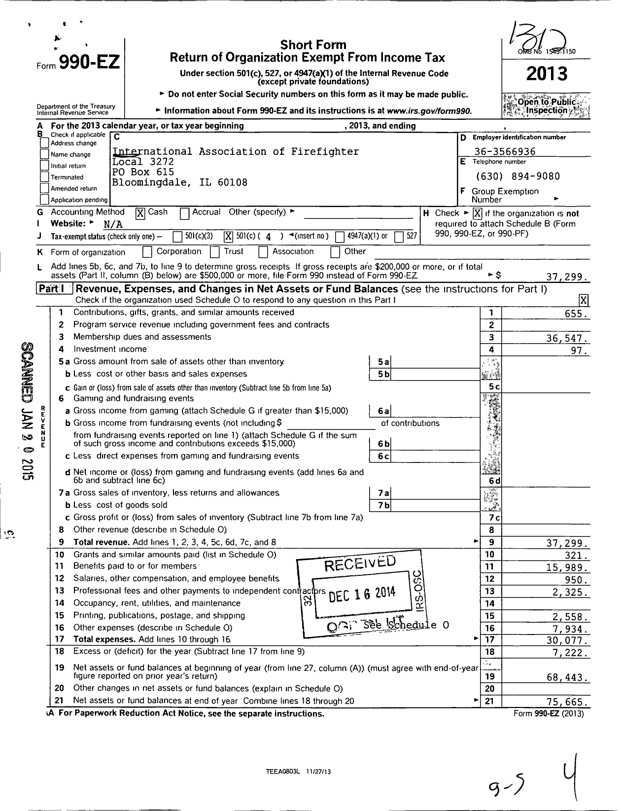 Image of first page of 2013 Form 990EO for International Association of Fire Fighters - L3272 Bloomingdale