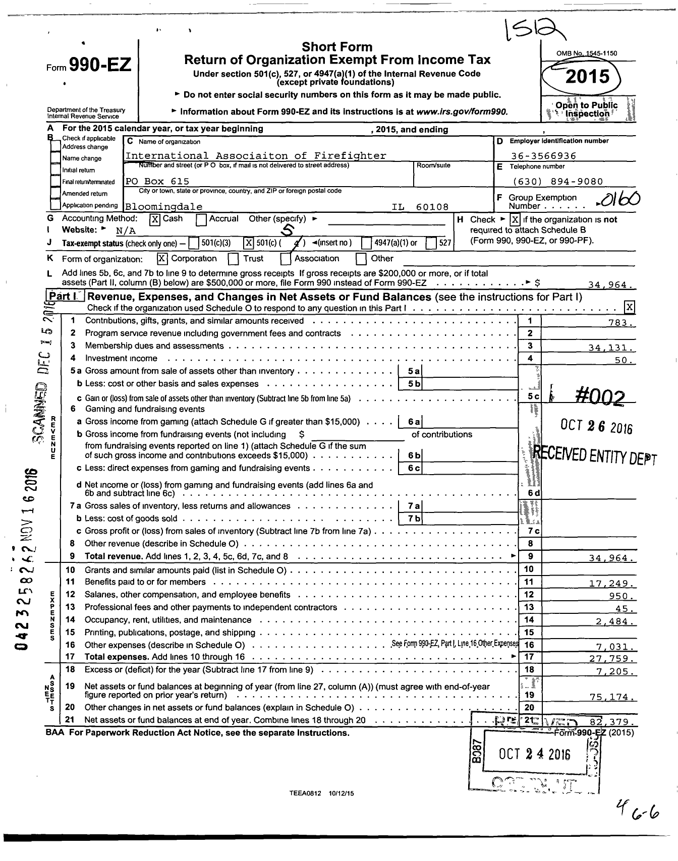 Image of first page of 2015 Form 990EO for International Association of Fire Fighters - L3272 Bloomingdale