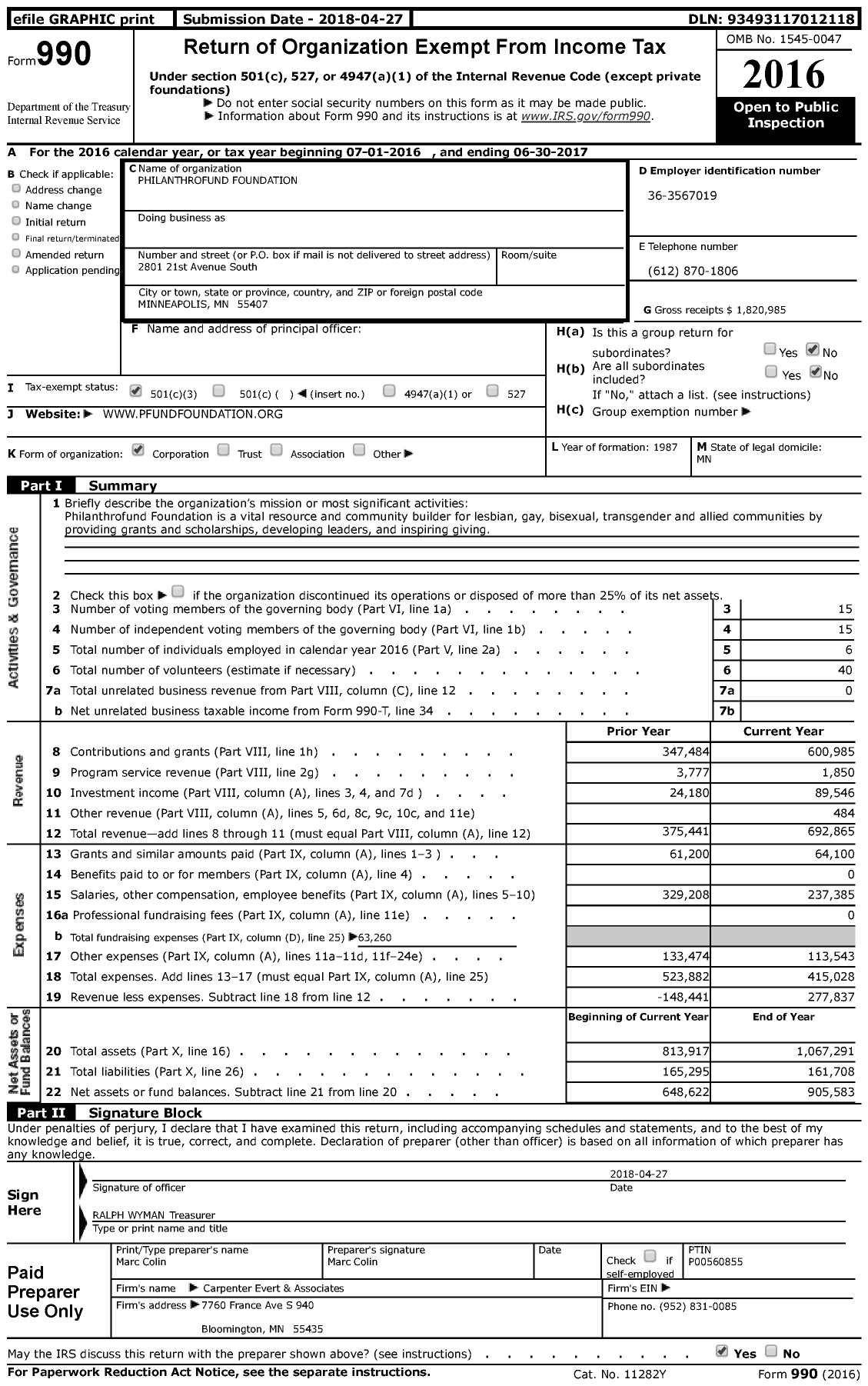 Image of first page of 2016 Form 990 for Philanthrofund Foundation