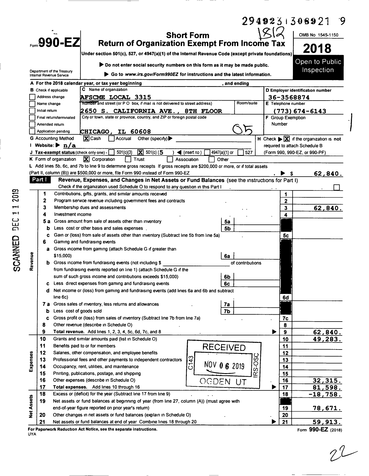 Image of first page of 2018 Form 990EO for American Federation of State County & Municipal Employees - L3315il Cook Co Ast Pub Defenders