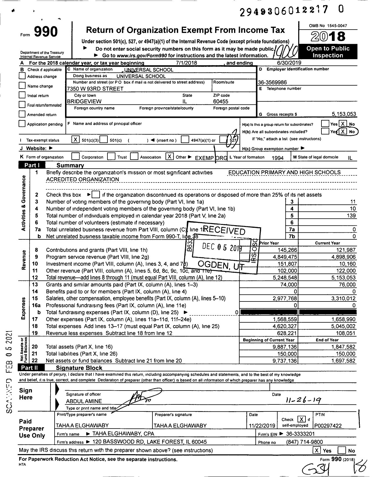 Image of first page of 2018 Form 990 for Universal School