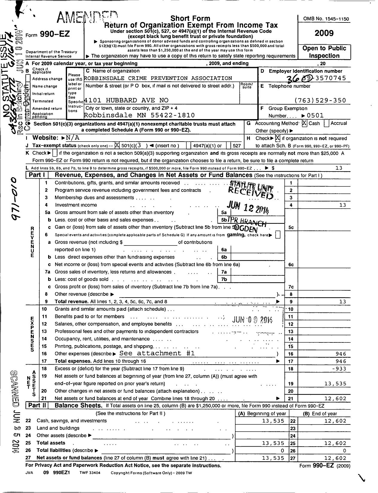 Image of first page of 2009 Form 990EZ for Robbinsdale Crime Prevention Association