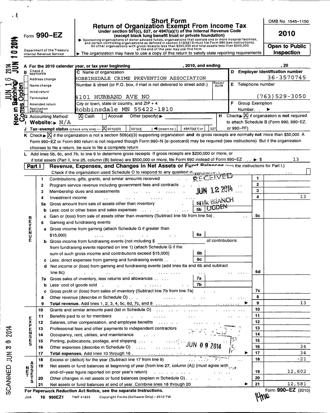 Image of first page of 2010 Form 990EZ for Robbinsdale Crime Prevention Association