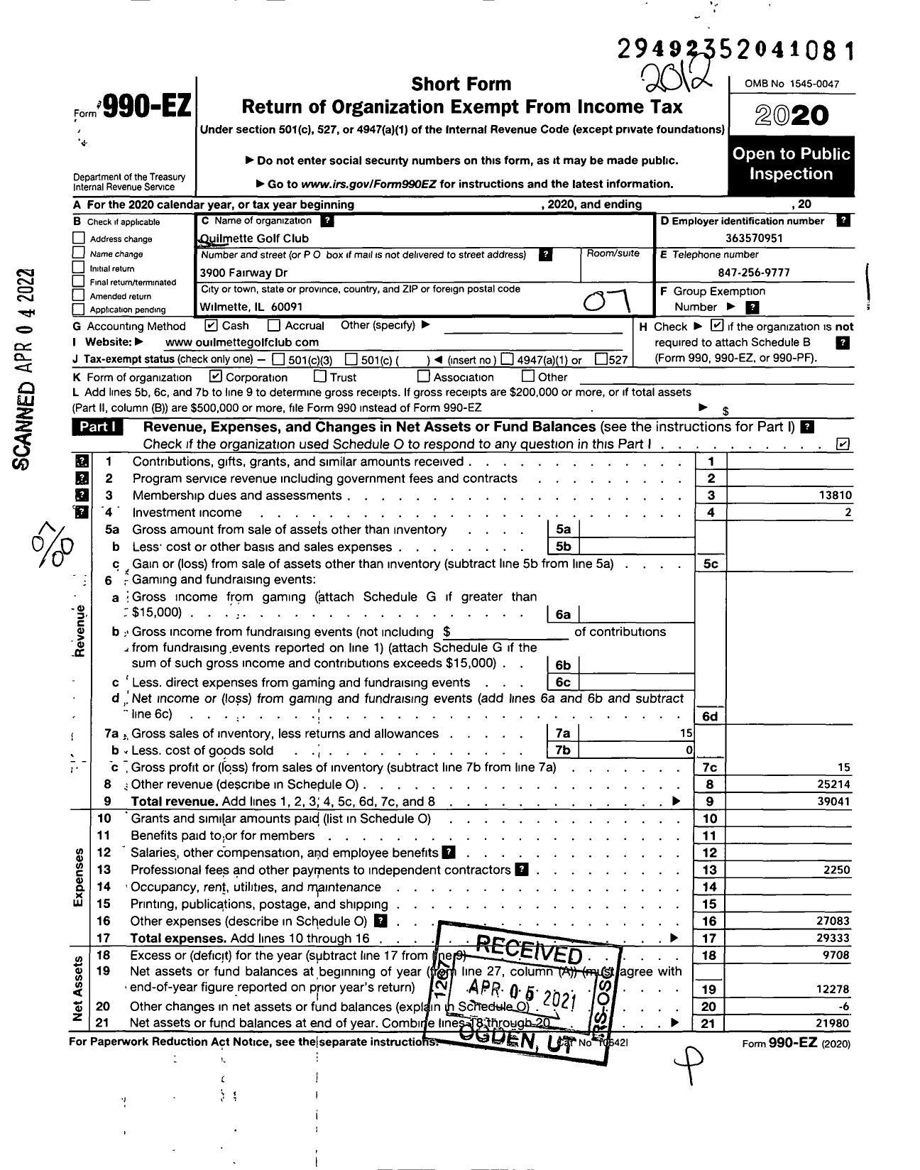 Image of first page of 2020 Form 990EO for Ouilmette Golf Club