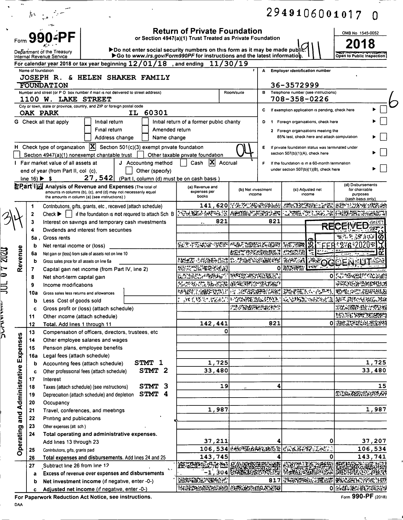 Image of first page of 2018 Form 990PR for Joseph R and Helen Shaker Family Foundation