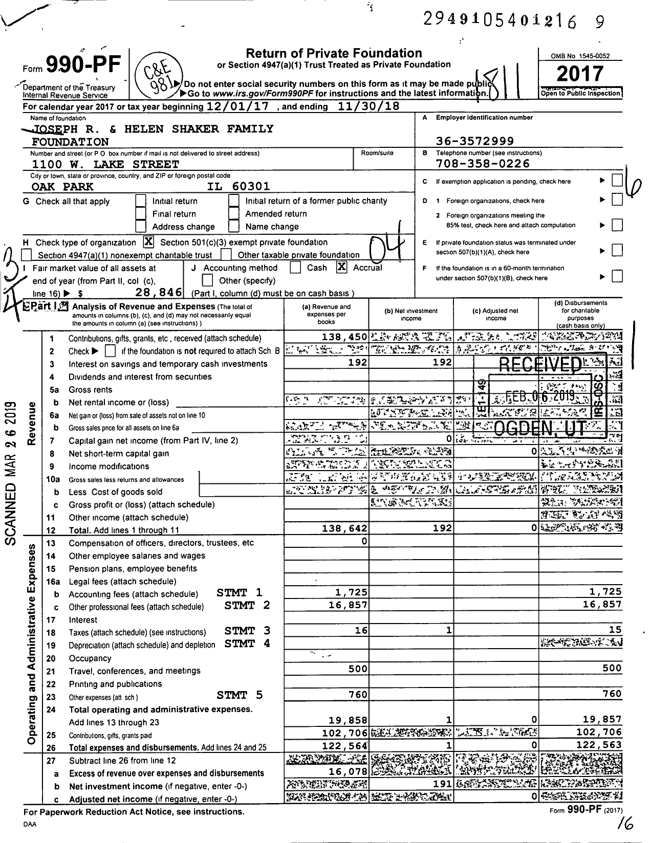 Image of first page of 2017 Form 990PF for Joseph R and Helen Shaker Family Foundation