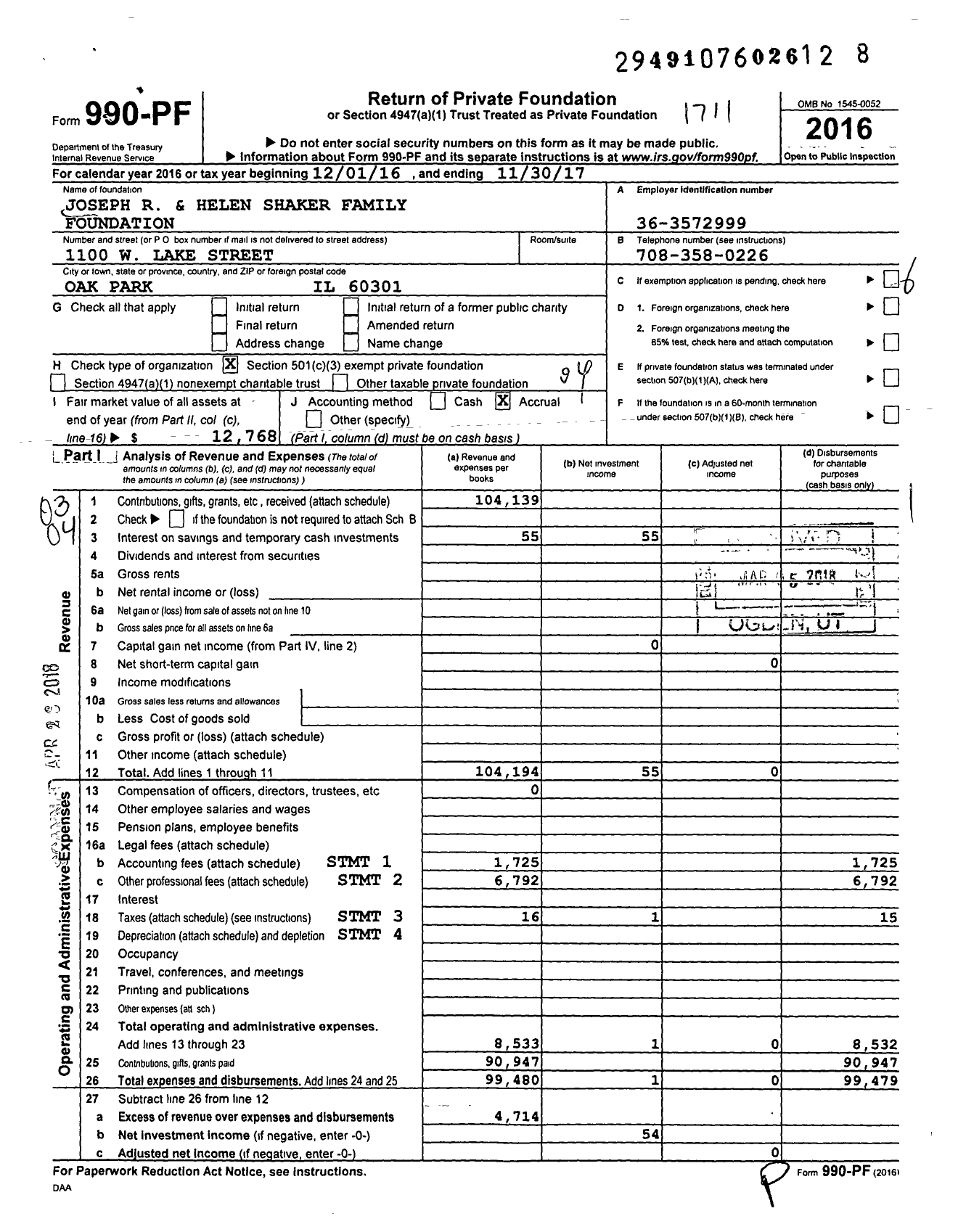 Image of first page of 2016 Form 990PF for Joseph R and Helen Shaker Family Foundation