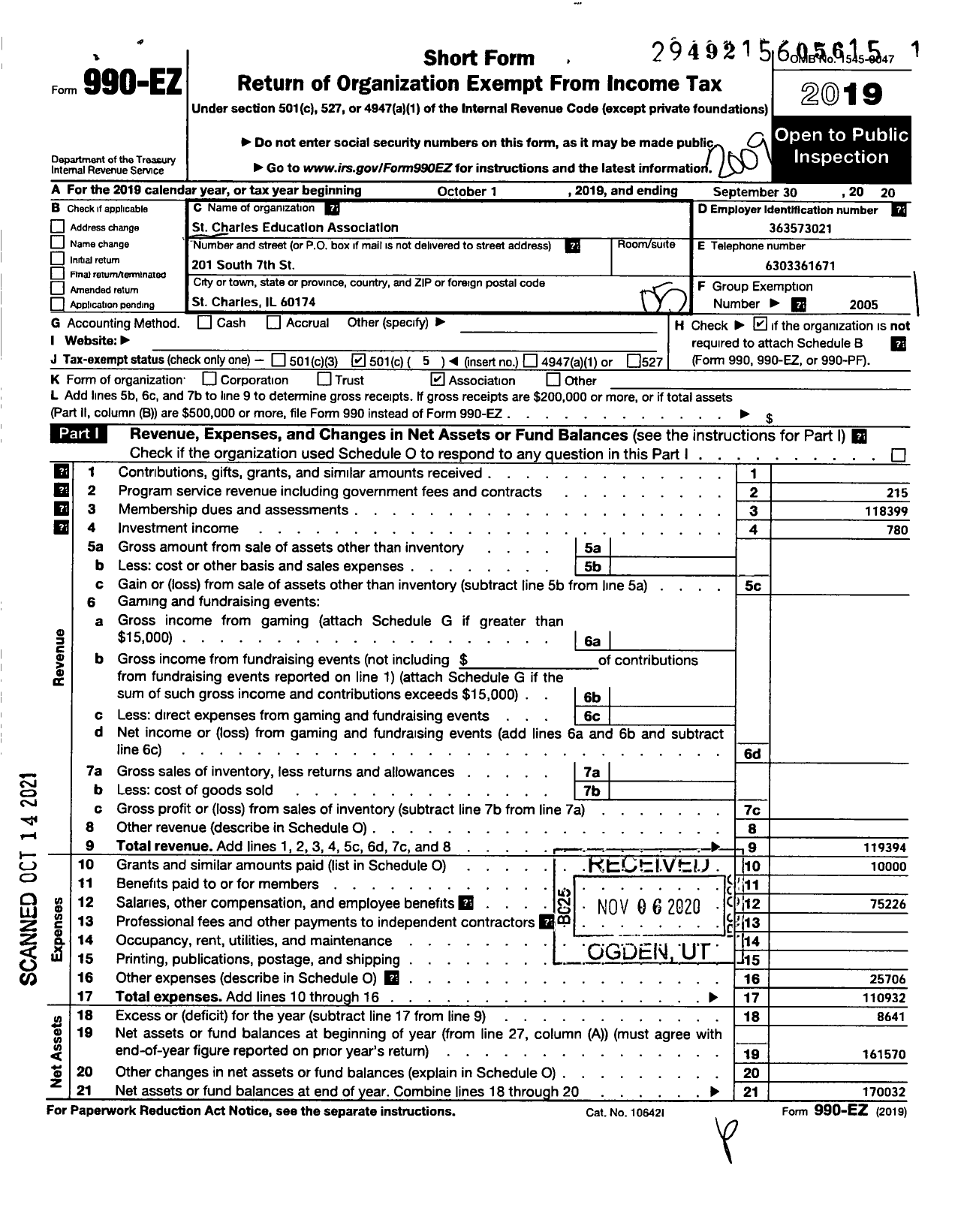 Image of first page of 2019 Form 990EO for Illinois Education Association - St Charles Education Association