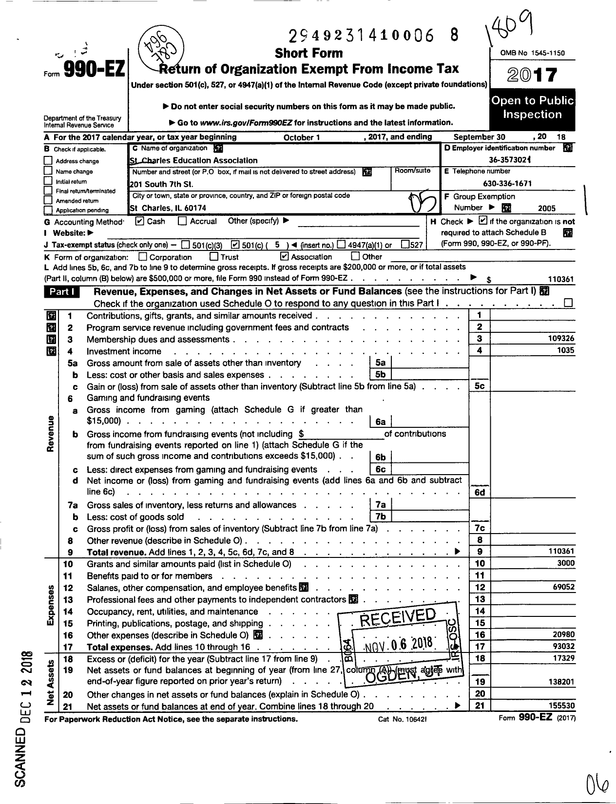 Image of first page of 2017 Form 990EO for Illinois Education Association - St Charles Education Association