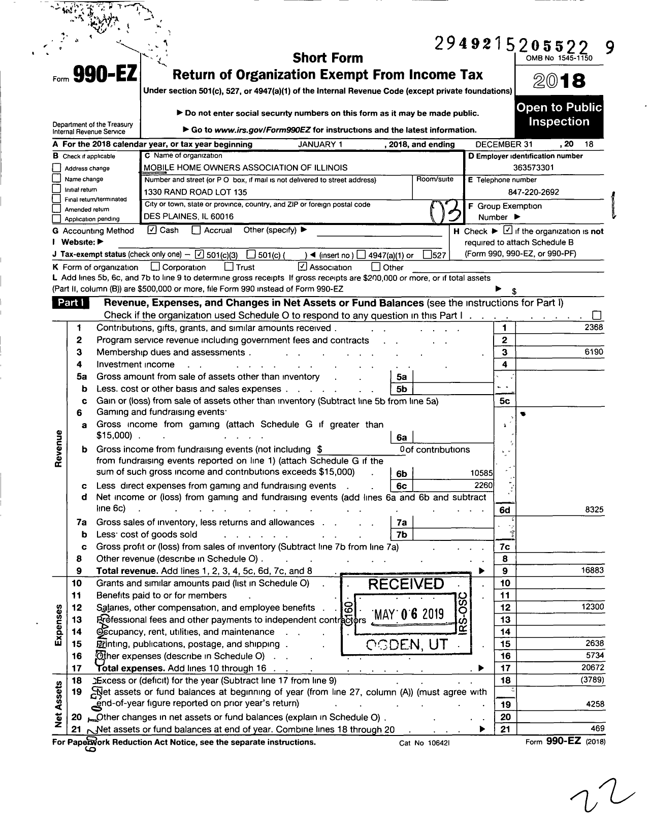 Image of first page of 2018 Form 990EZ for Mobile Home Owners Association of Illinois (MHOAI)