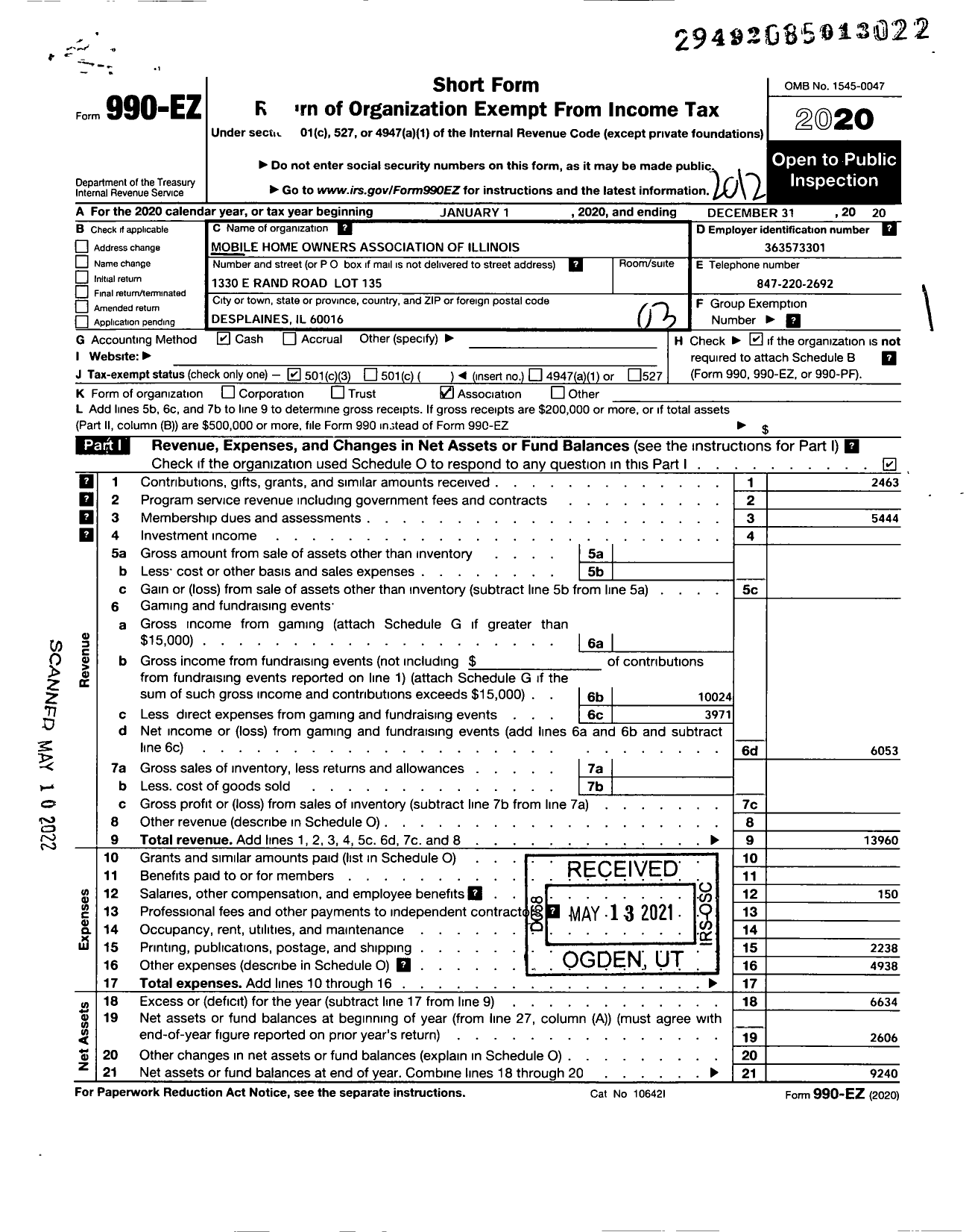 Image of first page of 2020 Form 990EZ for Mobile Home Owners Association of Illinois (MHOAI)