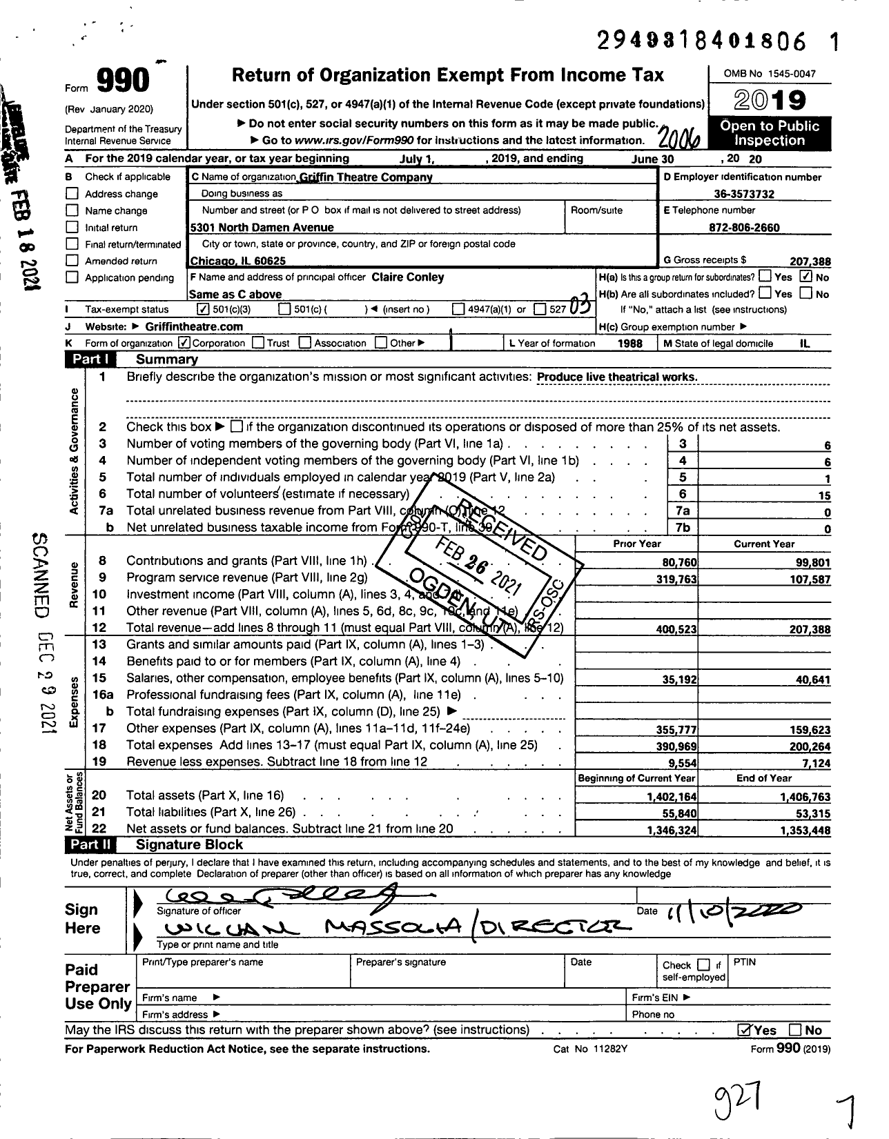 Image of first page of 2019 Form 990 for Griffin Theatre Company