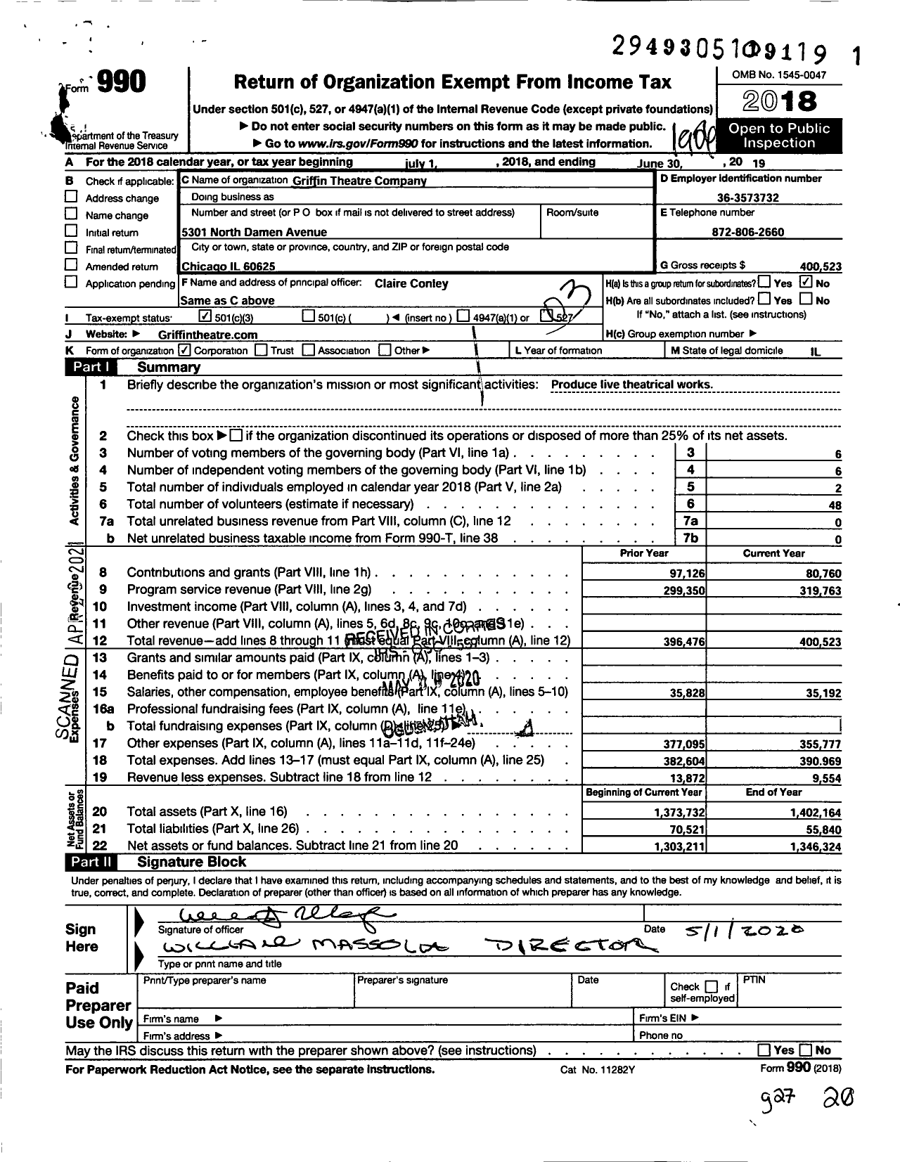 Image of first page of 2018 Form 990 for Griffin Theatre Company