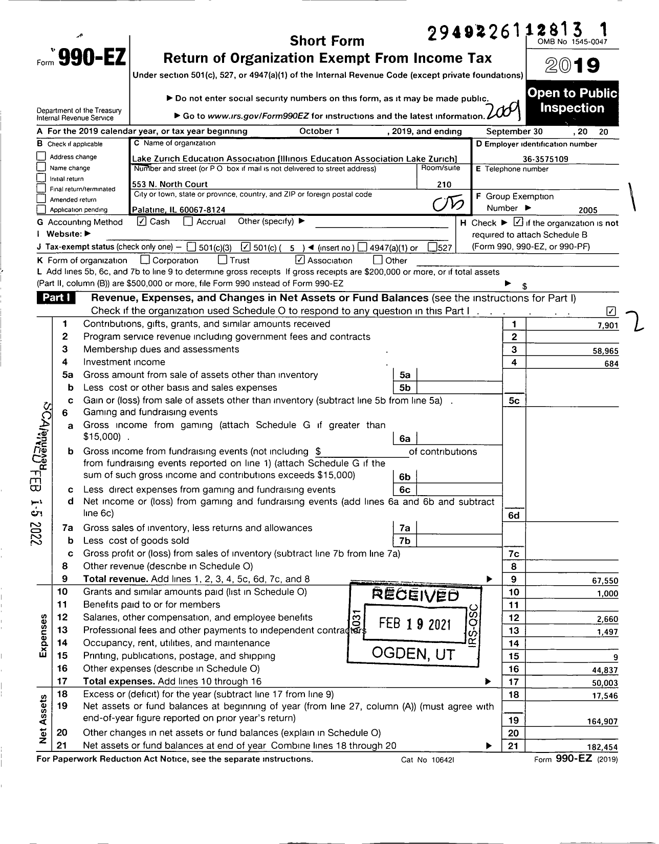 Image of first page of 2019 Form 990EO for Illinois Education Association - Lake Zurich Education Assoc