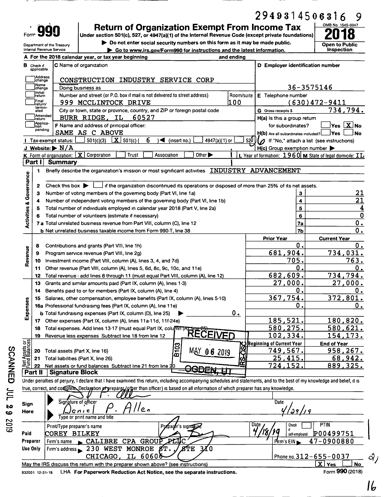 Image of first page of 2018 Form 990O for Construction Industry Service Corporation (CISCO)