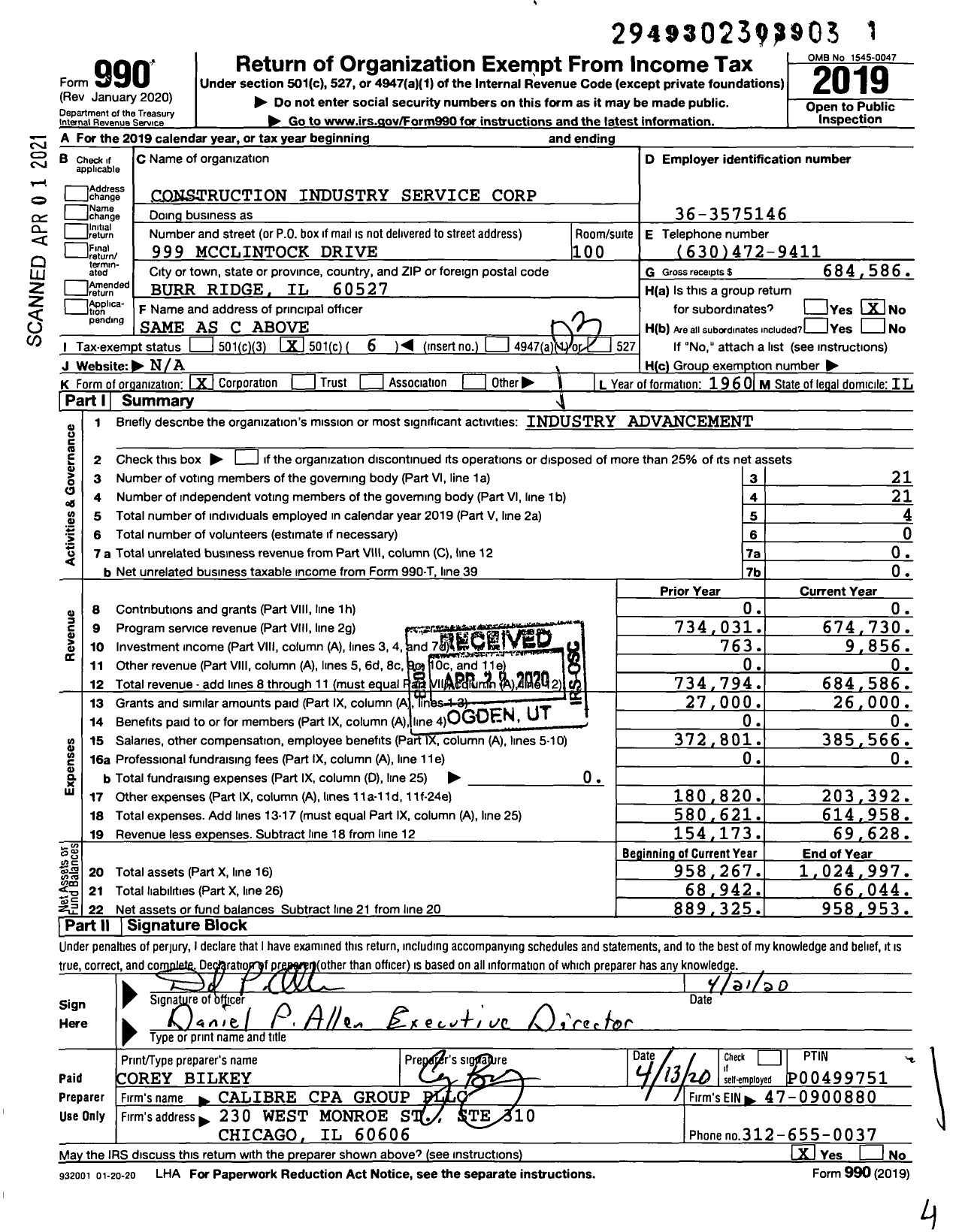 Image of first page of 2019 Form 990 for Construction Industry Service Corporation (CISCO)