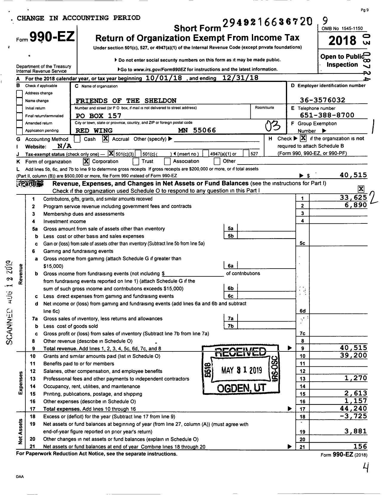 Image of first page of 2018 Form 990EZ for Friends of the Sheldon