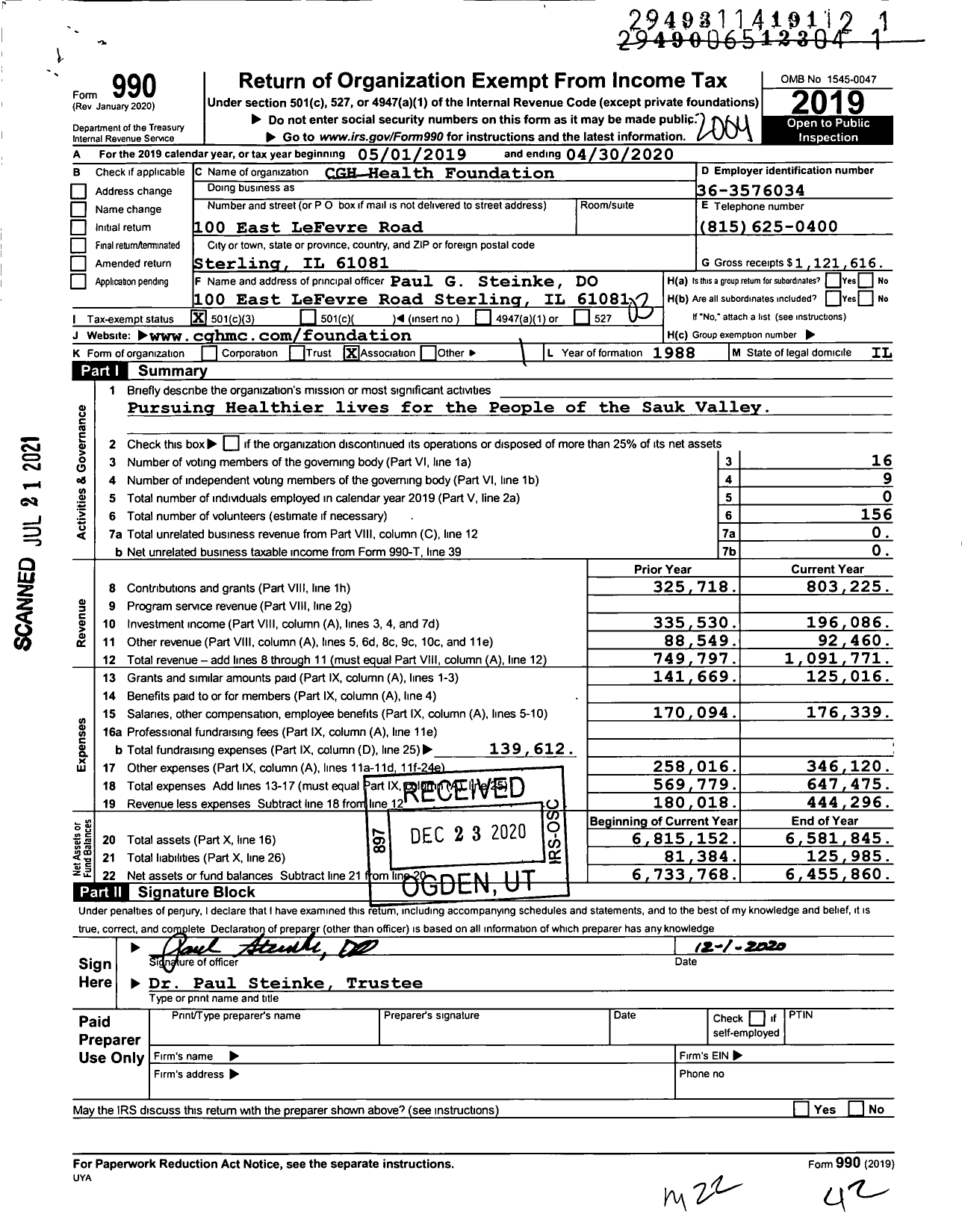 Image of first page of 2019 Form 990 for CGH Health Foundation