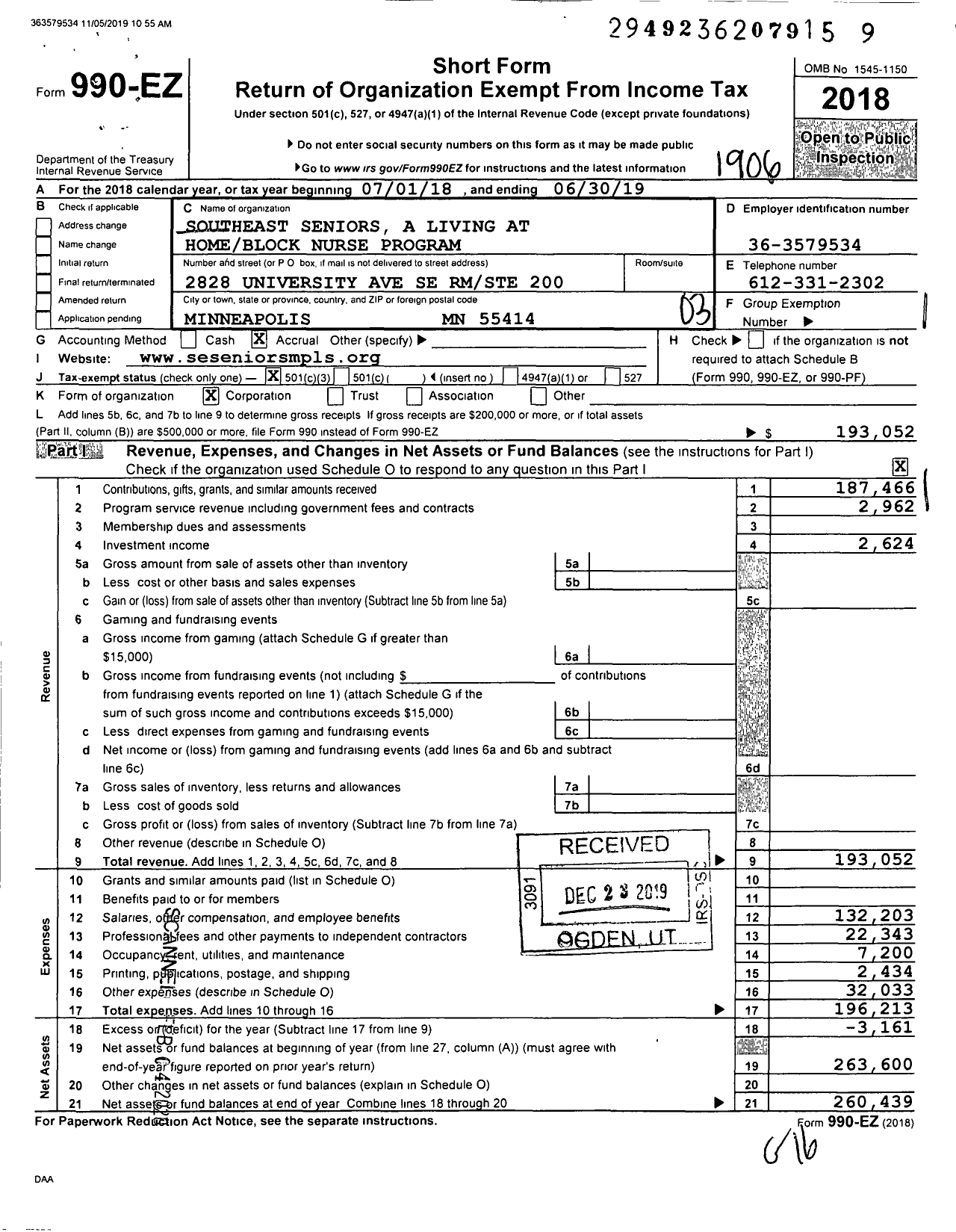 Image of first page of 2018 Form 990EZ for Southeast Seniors A living at homeblock nurse program