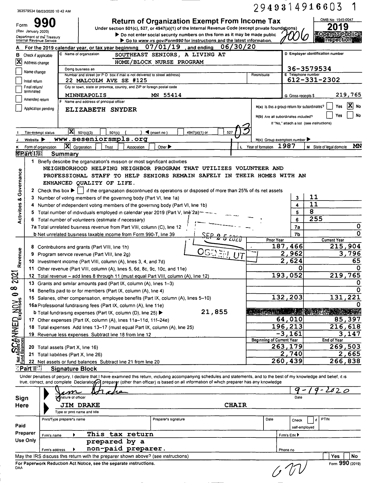 Image of first page of 2019 Form 990 for Southeast Seniors A living at homeblock nurse program