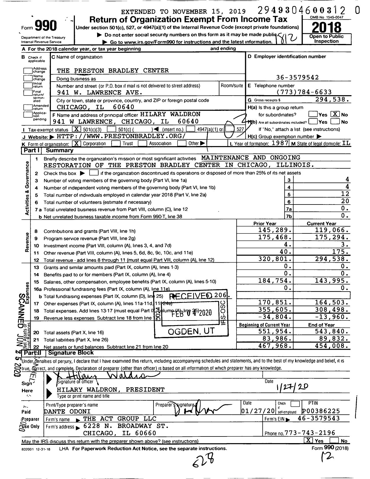 Image of first page of 2018 Form 990 for The Preston Bradley Center