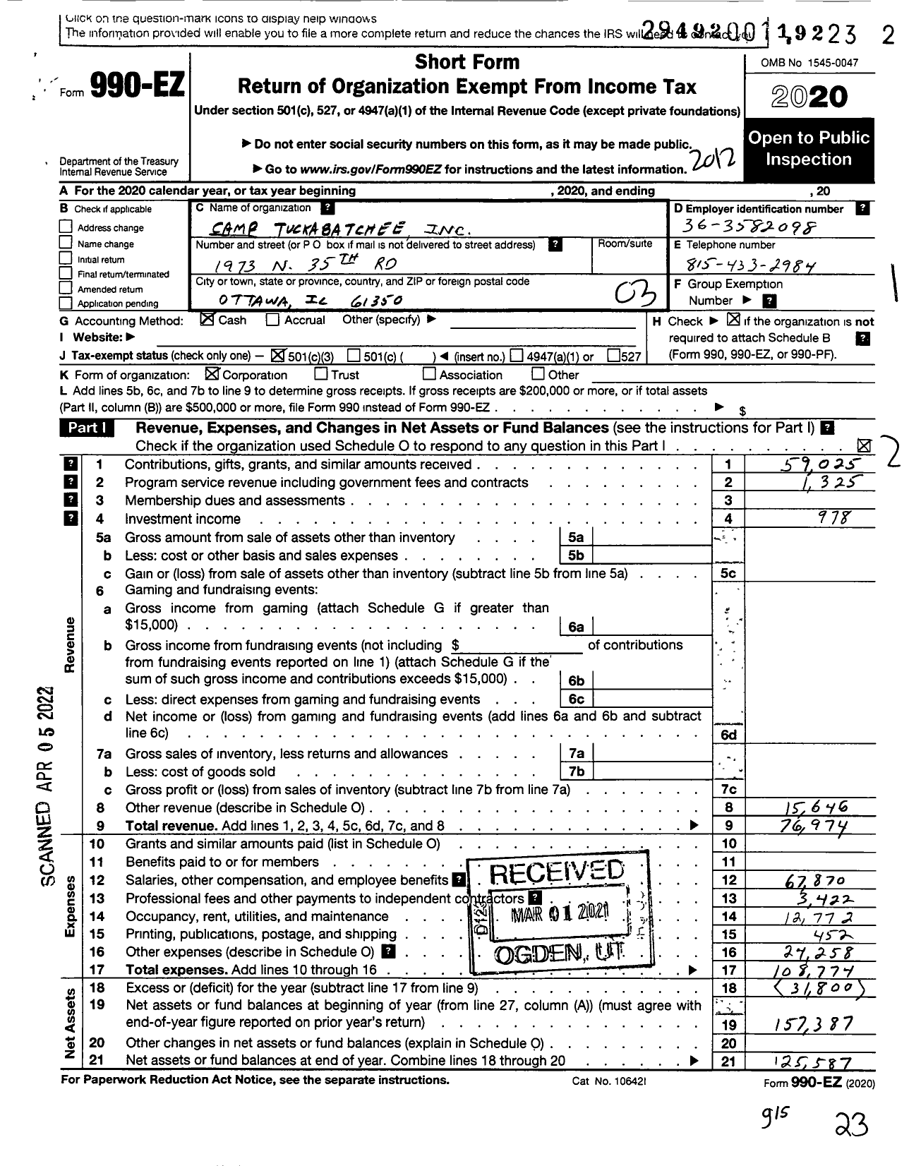 Image of first page of 2020 Form 990EZ for Camp Tuckabatchee