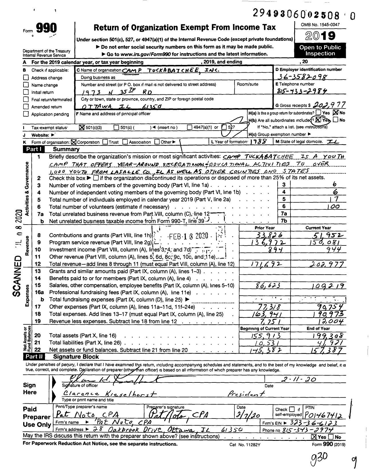 Image of first page of 2019 Form 990 for Camp Tuckabatchee