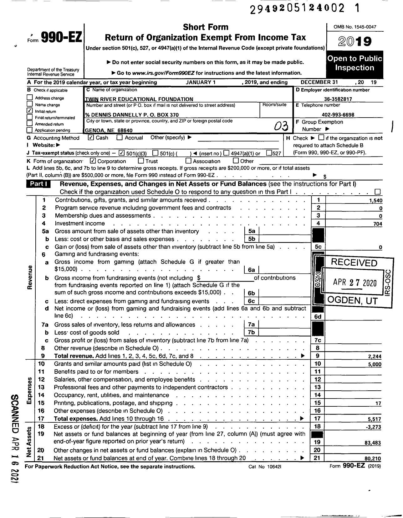 Image of first page of 2019 Form 990EZ for Twin River Educational Foundation