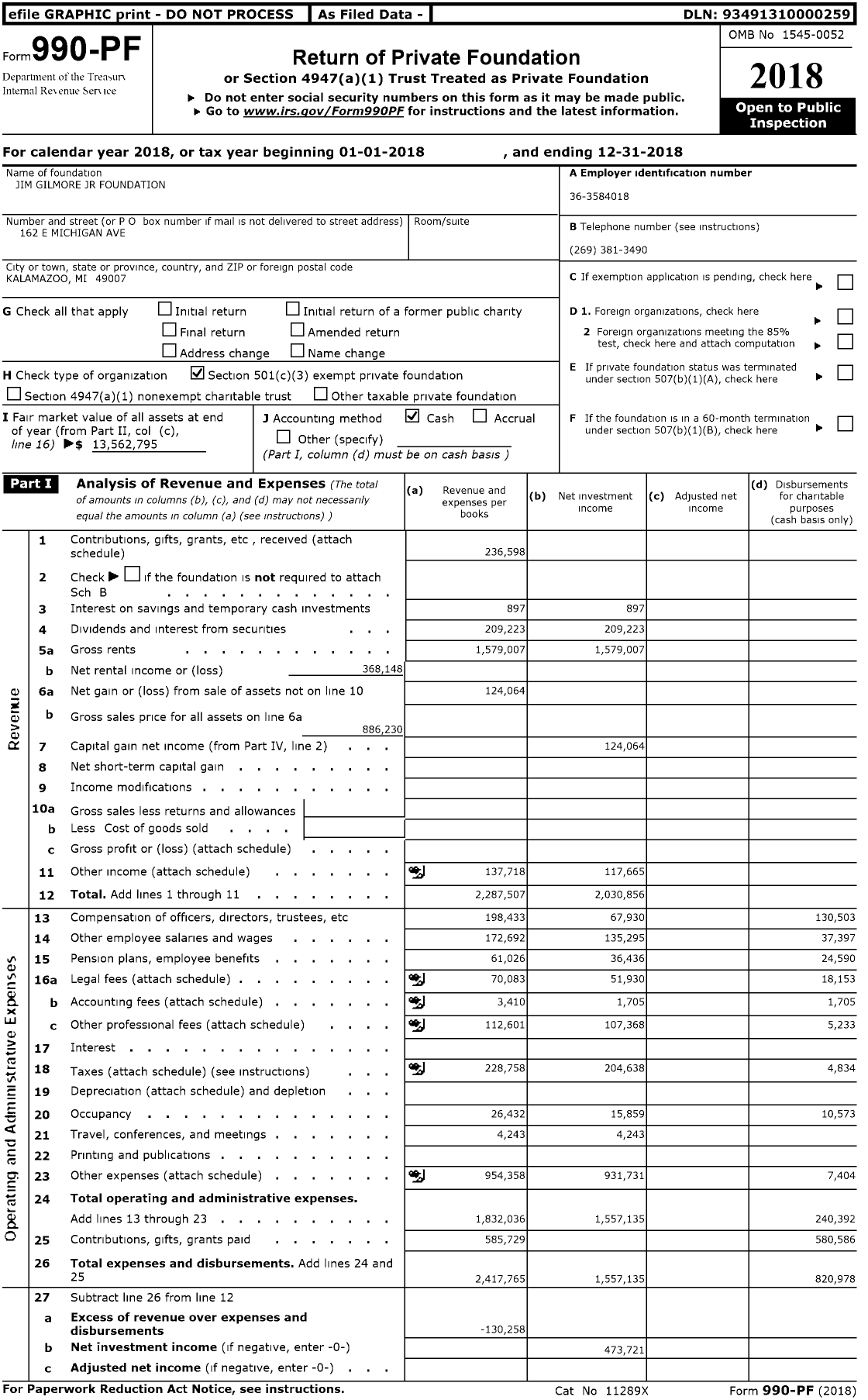 Image of first page of 2018 Form 990PF for Jim Gilmore JR Foundation