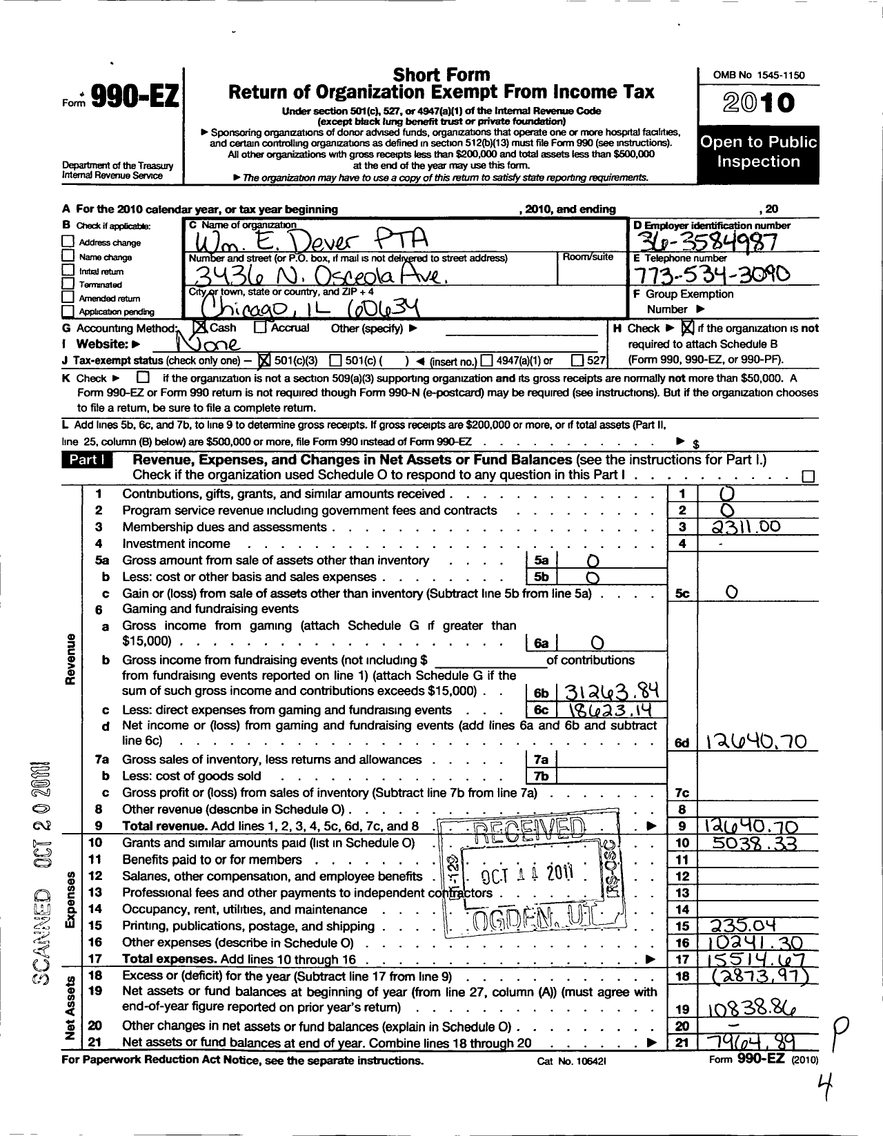 Image of first page of 2010 Form 990EZ for Illinois PTA - Dever PTA