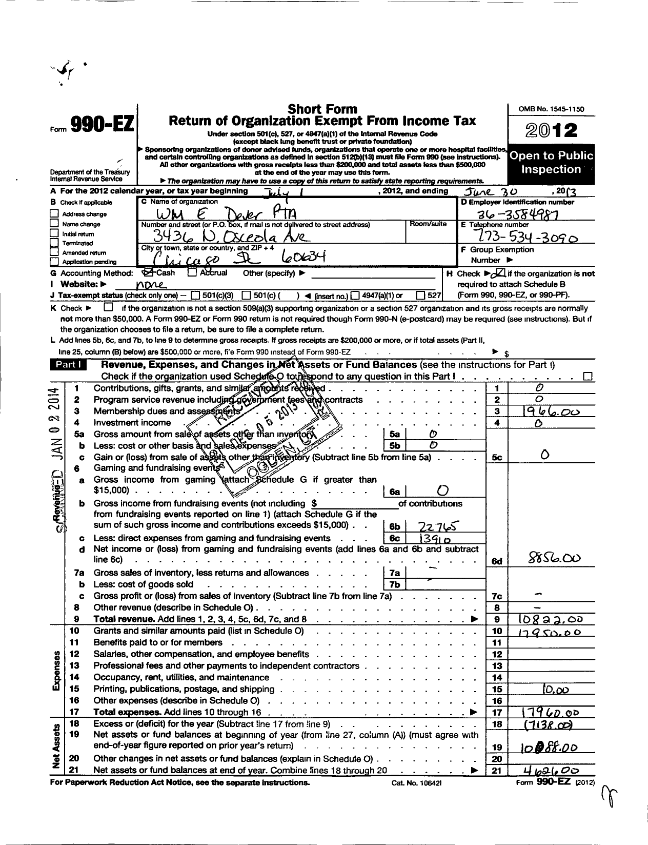 Image of first page of 2012 Form 990EO for Illinois PTA - Dever PTA