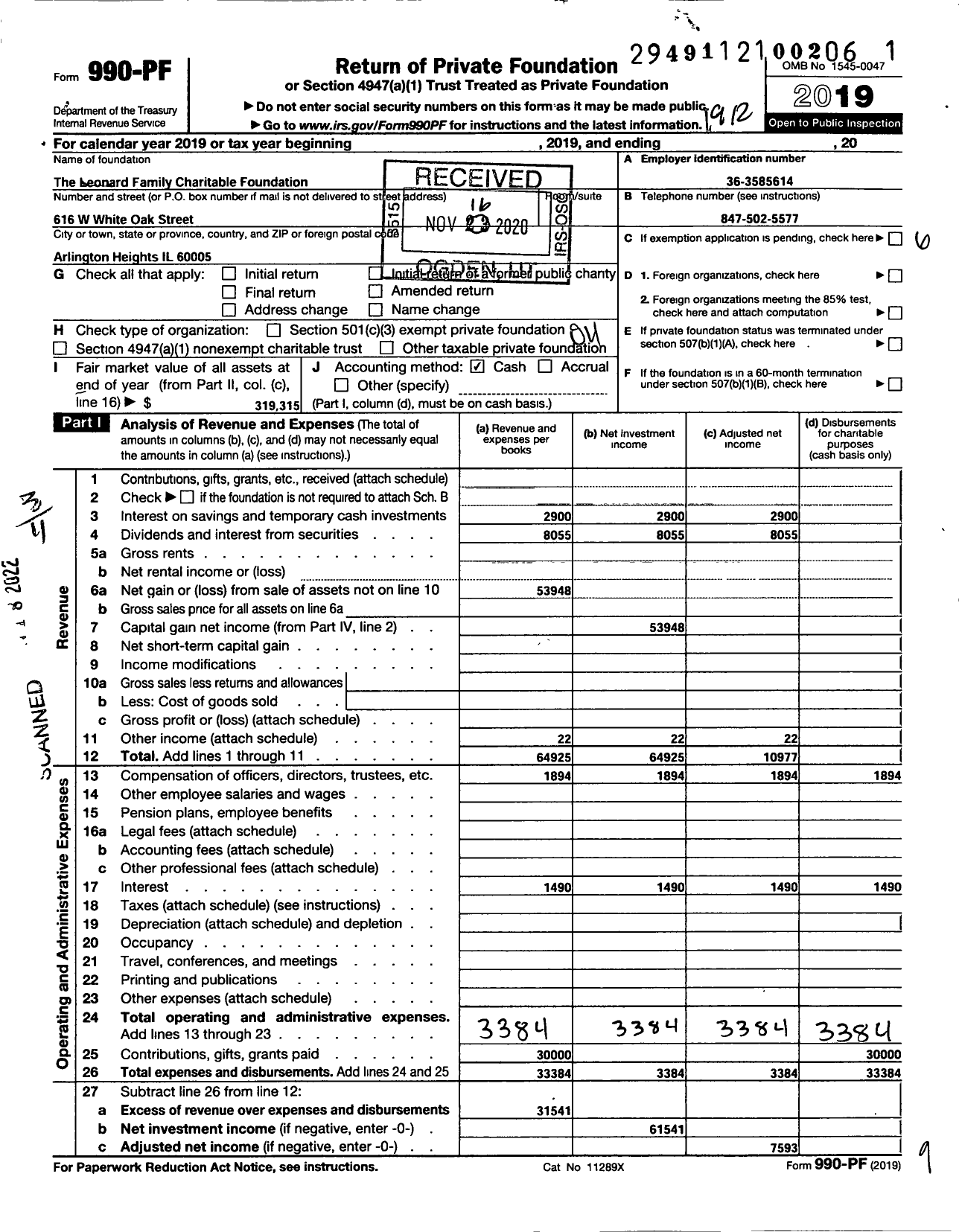 Image of first page of 2019 Form 990PF for Leonard Family Charitable Foundation