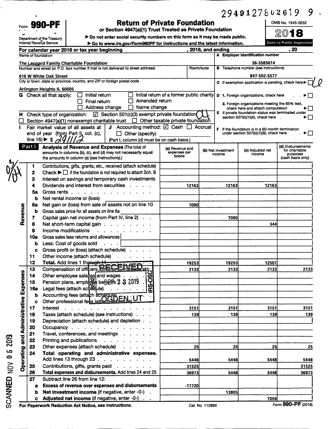 Image of first page of 2018 Form 990PF for Leonard Family Charitable Foundation