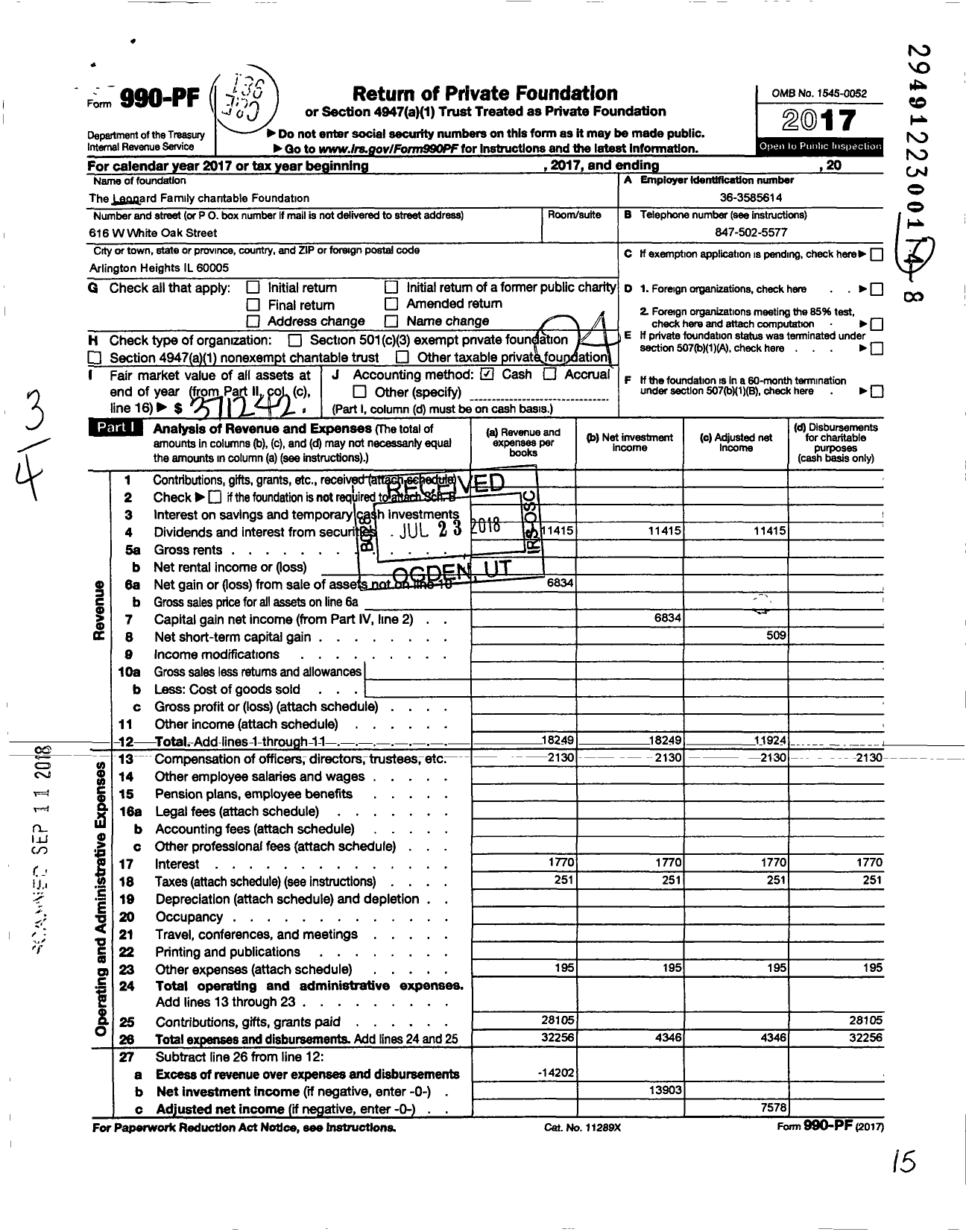 Image of first page of 2017 Form 990PF for Leonard Family Charitable Foundation
